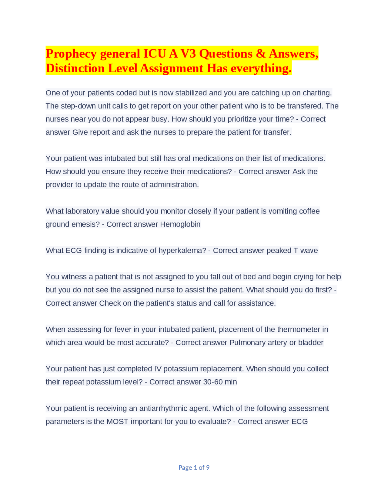 Prophetic Assignment Prophecy general ICU A V3 Questions & Answers, Distinction Level ...