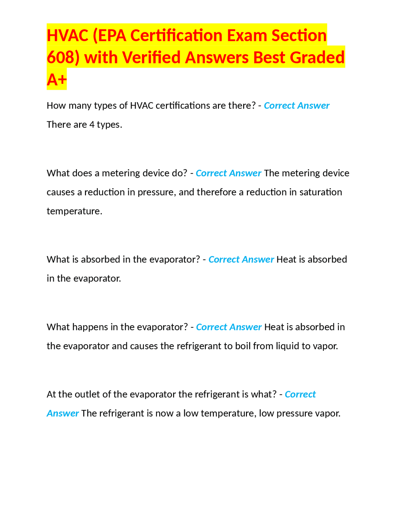 HVAC (EPA Certification Exam Section 608) with Verified Answers Best