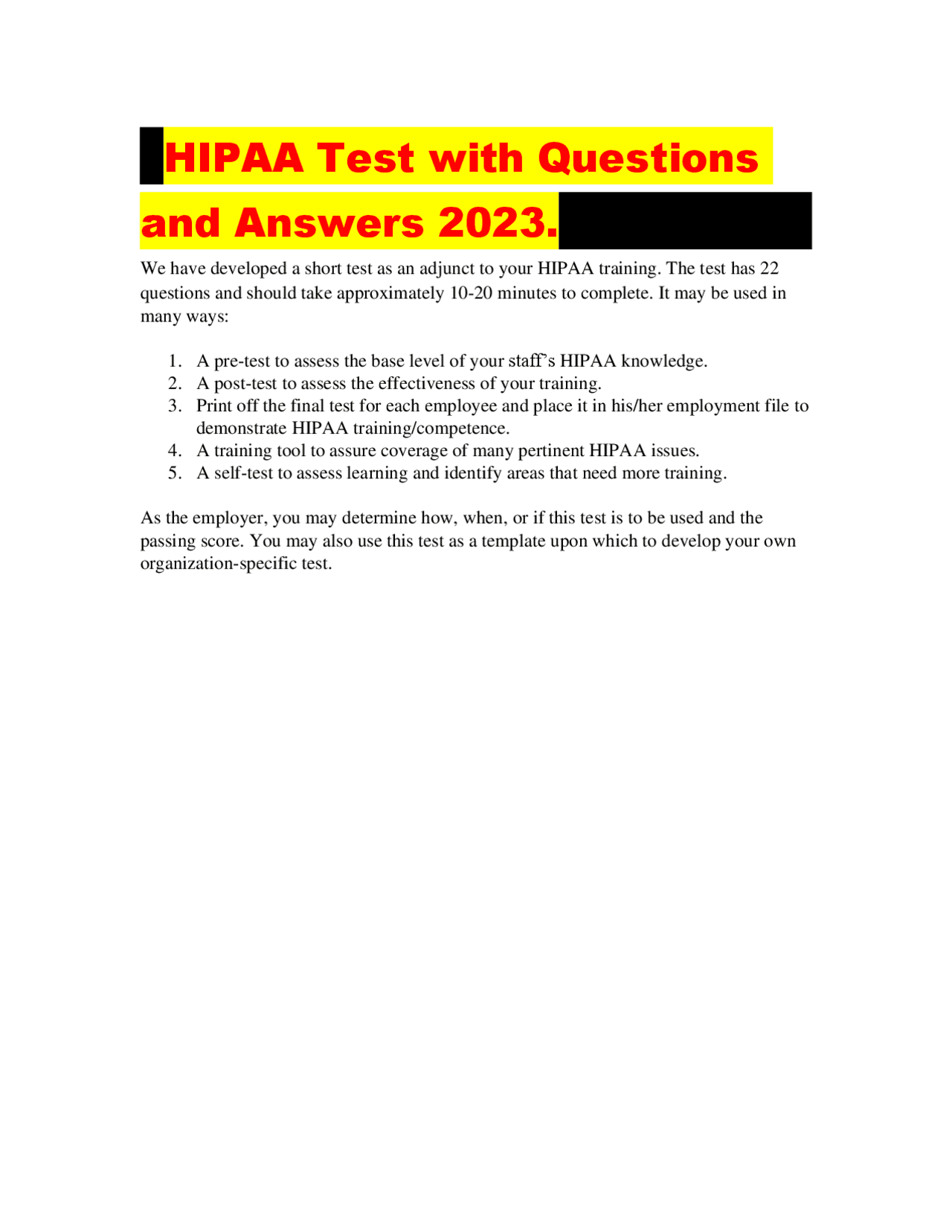 HIPAA Test with Questions and Answers 2023. Exams Security Analysis