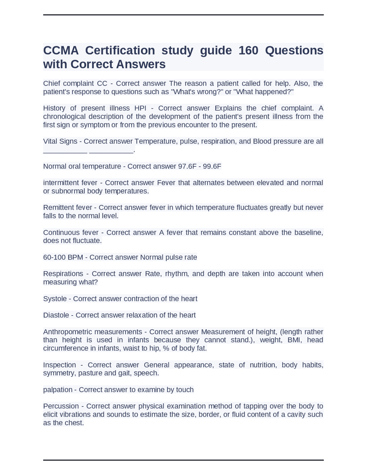 CCMA Certification study guide 160 Questions with Correct Answers CCMA Certification study guide 160 Questions with Correct Answers