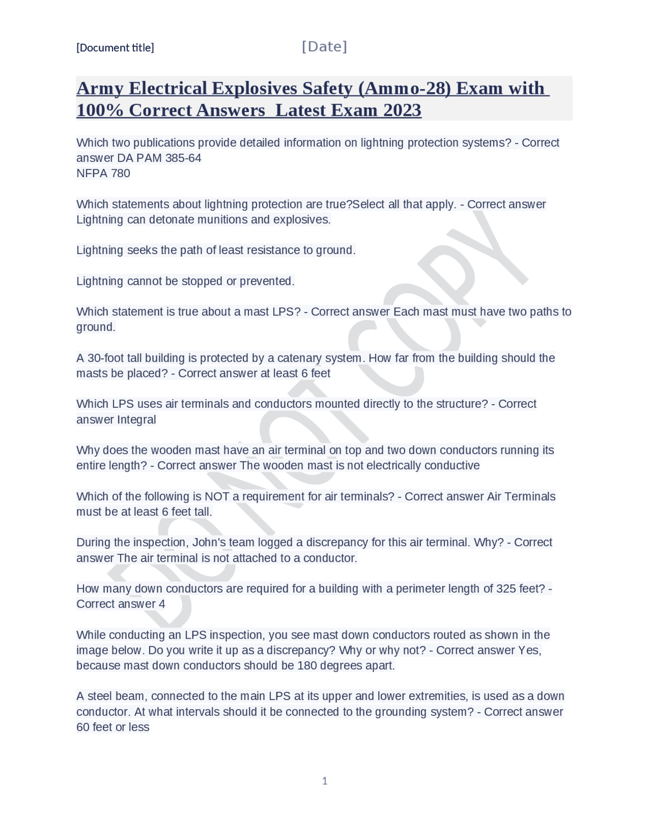 Army Electrical Explosives Safety (Ammo28) Exam with 100 Correct Answers Latest Exam 20