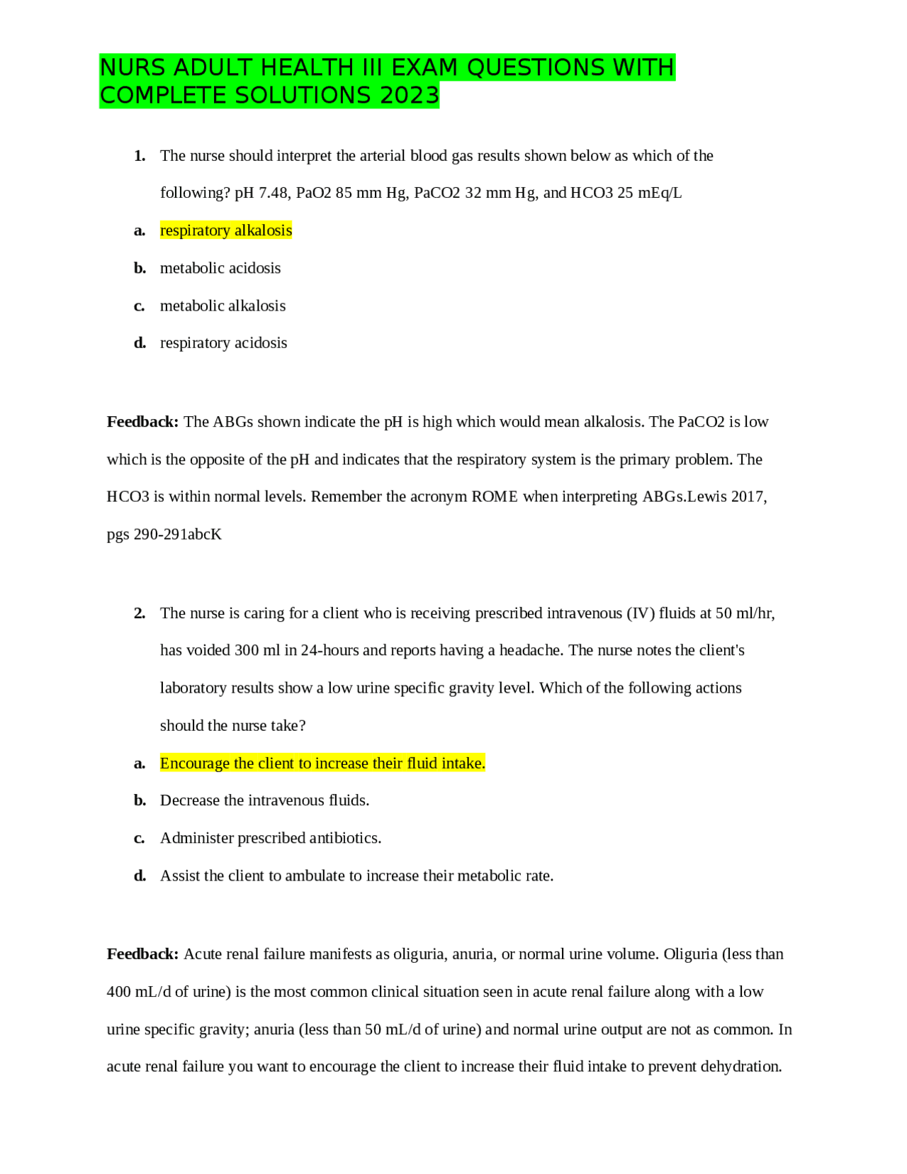 NURS ADULT HEALTH III EXAM QUESTIONS WITH COMPLETE SOLUTIONS 2023 ...