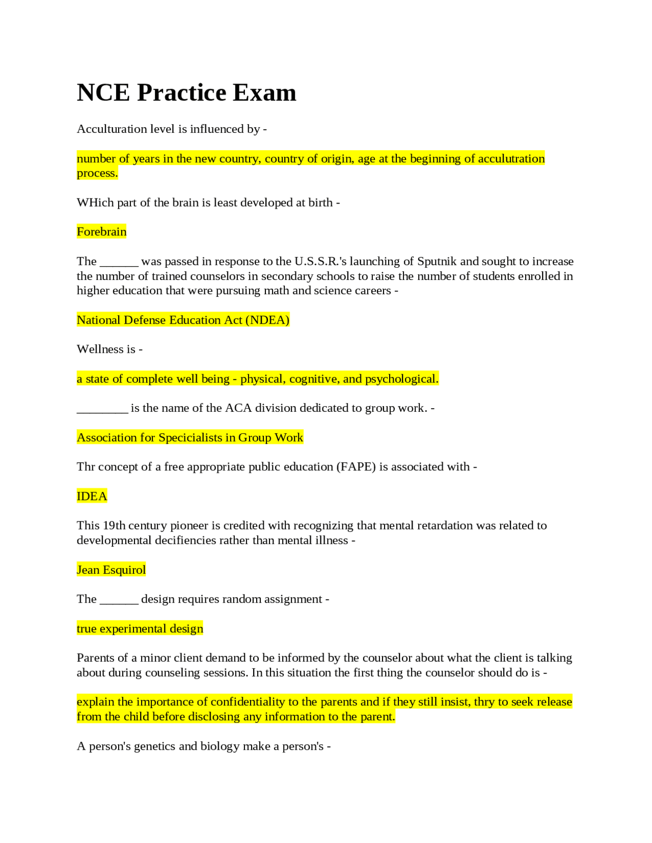 Nce Study NCE Practice Exam | NCE Practice Exam | Exams Nursing | Docsity