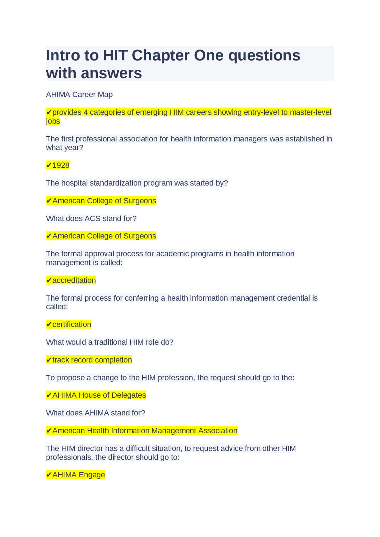 Intro to HIT Chapter One questions with answers | Exams Medicine | Docsity
