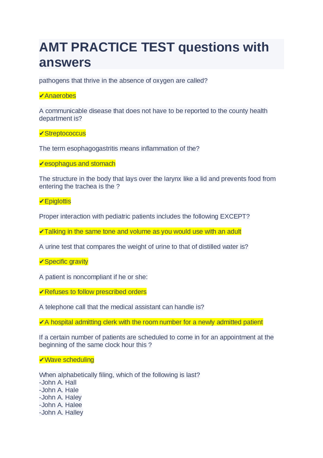 AMT PRACTICE TEST questions with answers | Exams Medicine | Docsity