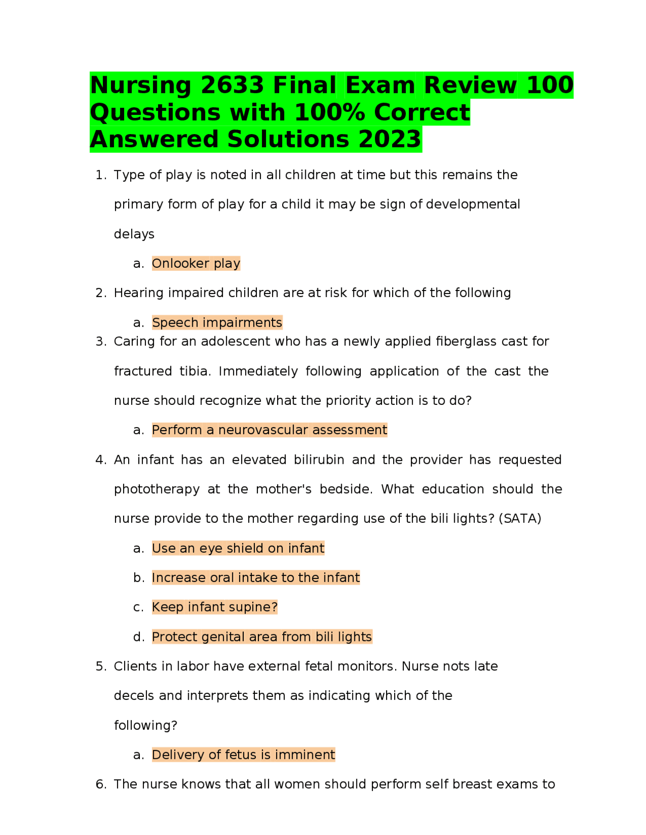 Nursing 2633 Final Exam Review 100 Questions with 100% Correct Answered ...