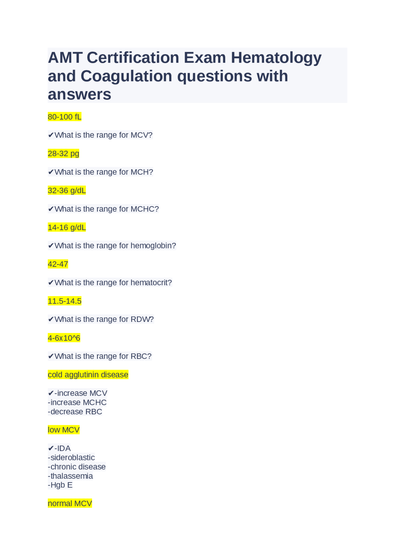 AMT Certification Exam Hematology and Coagulation questions with ...