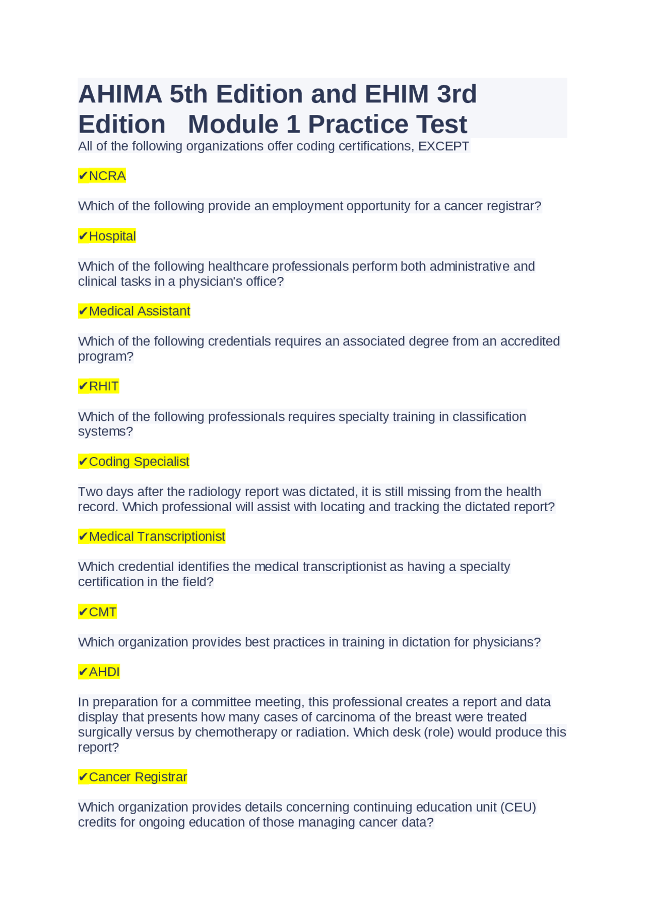 Ahima Principles AHIMA 5th Edition and EHIM 3rd Edition Module 1 Practice Test | Exams ...