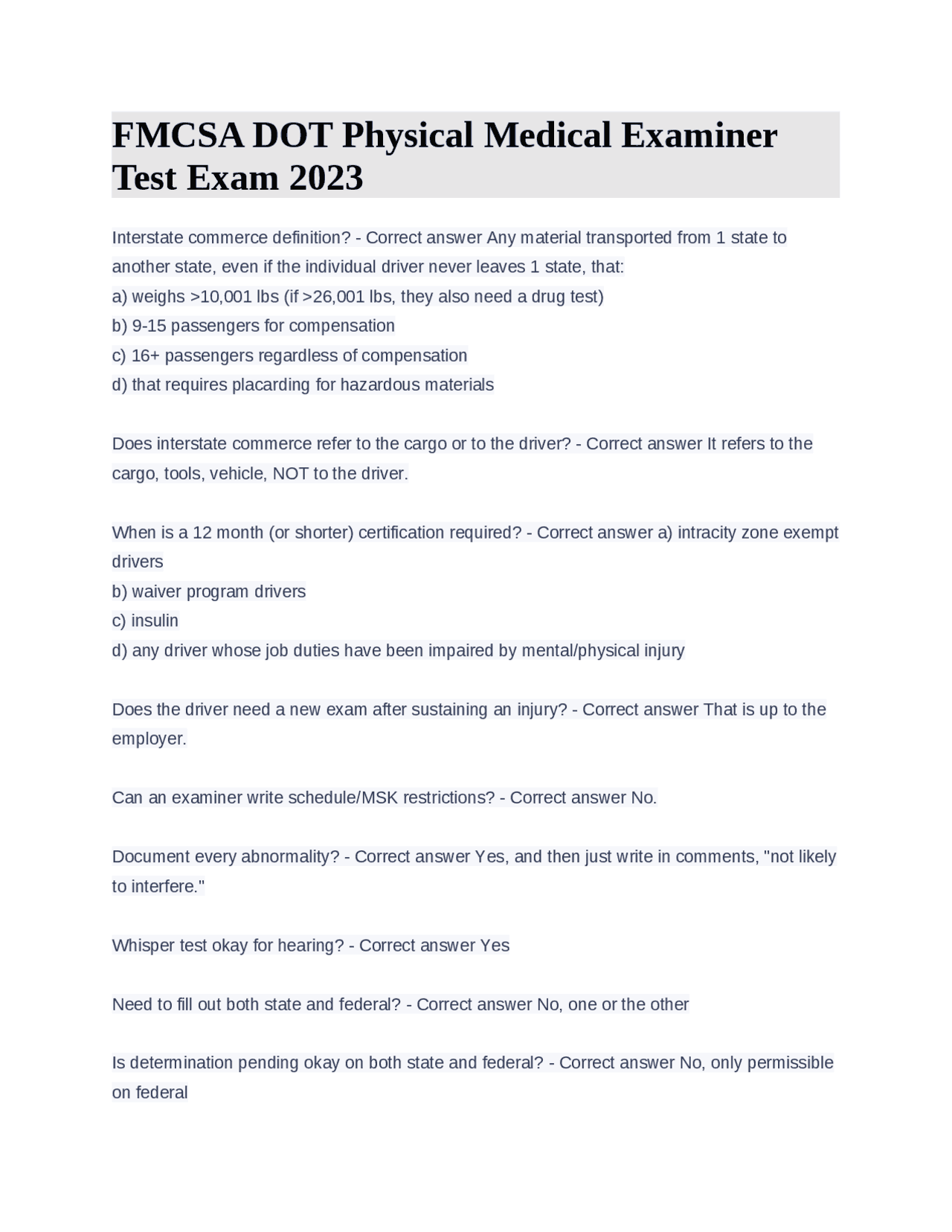 FMCSA DOT Physical Medical Examiner Test Exam 2023 Exams Banking and
