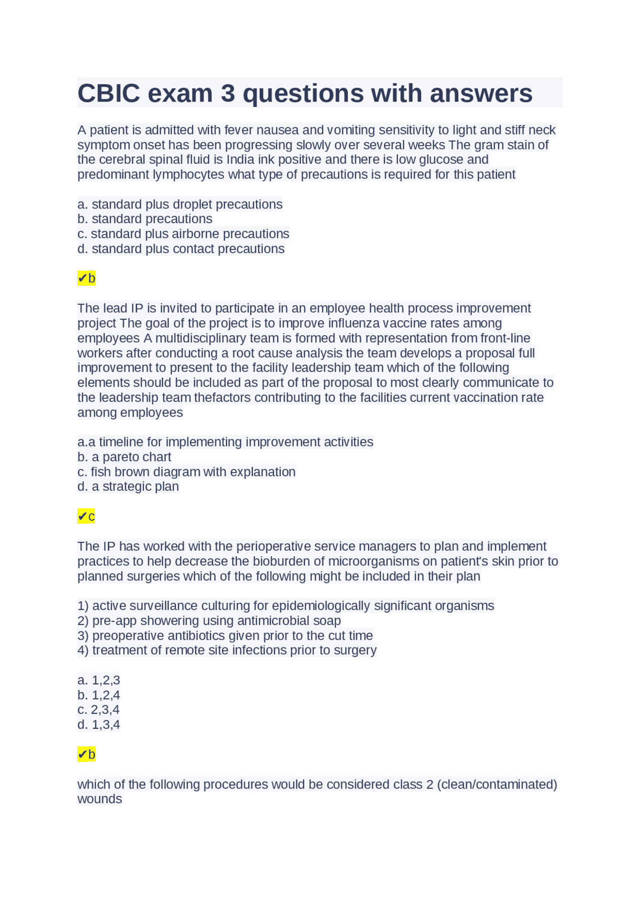 CBIC exam 3 questions with answers | Exams Nursing | Docsity