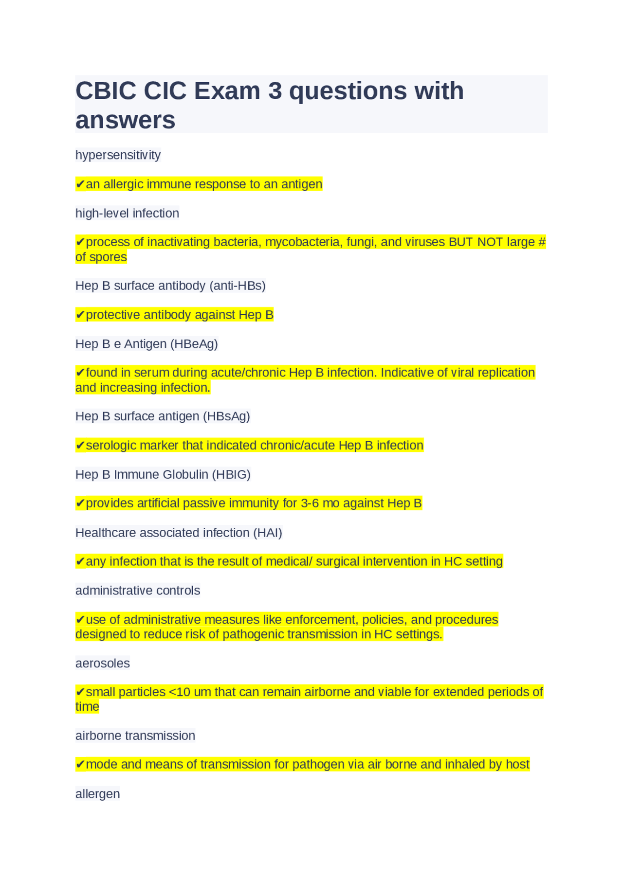 Cic Test Examples CBIC CIC Exam 3 questions with answers | Exams Nursing | Docsity
