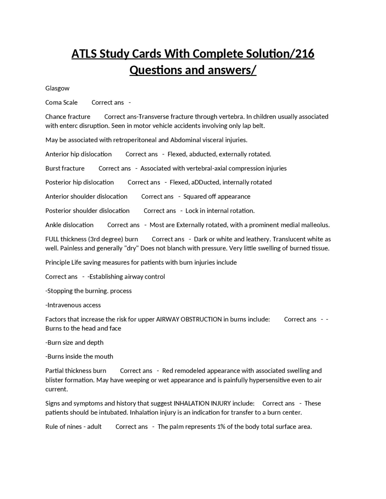 ATLS Study Cards With Complete Solution/216 Questions and answers ...