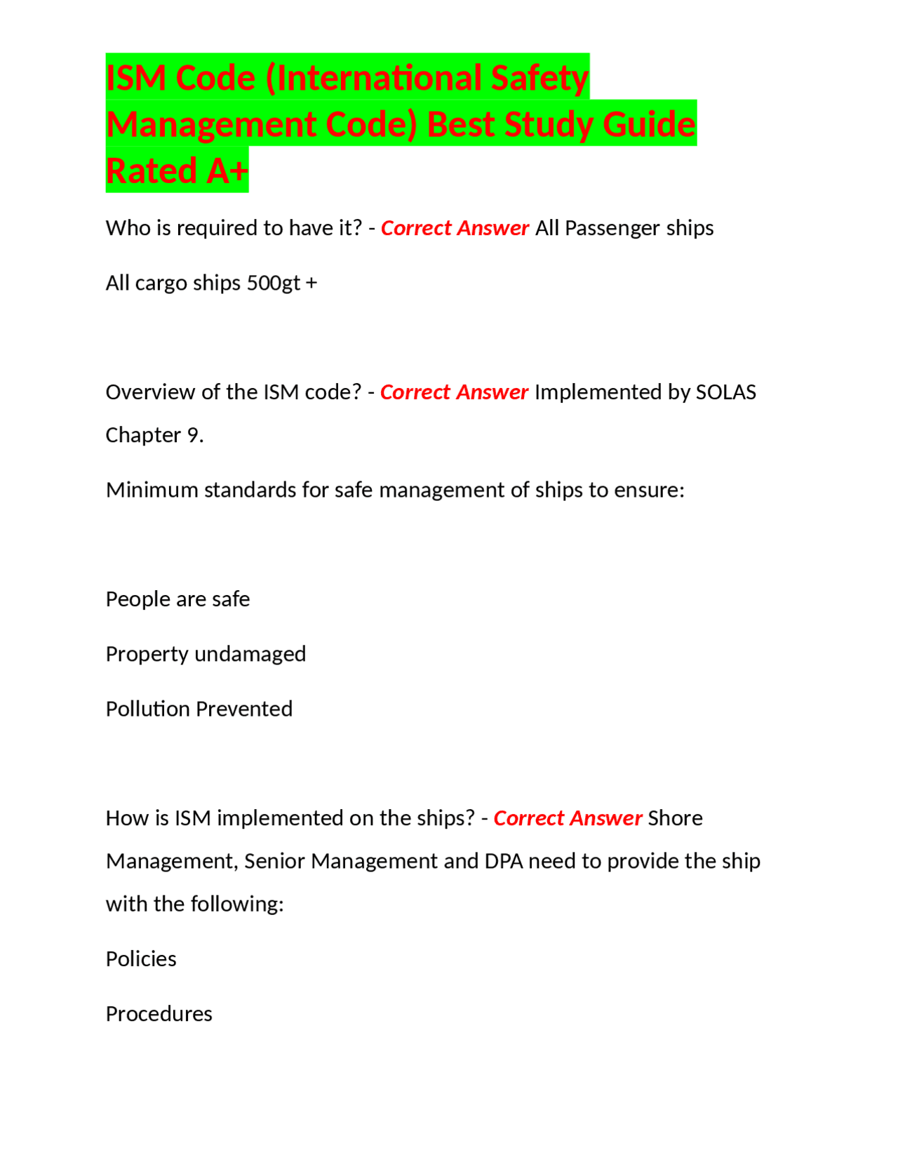 Solas Ism Code ISM Code (International Safety Management Code) Best Study Guide Rated ...
