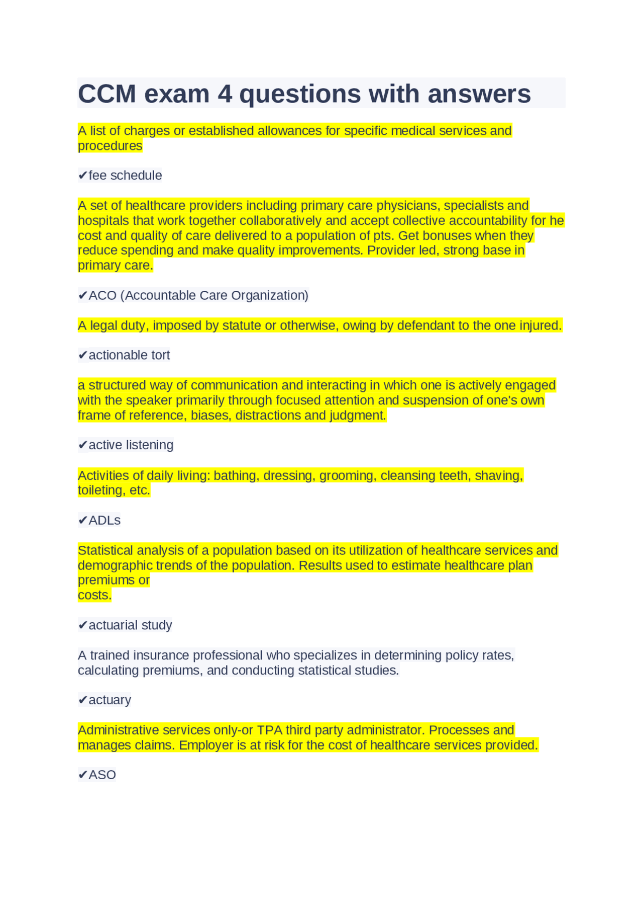 Sample Ccmg Test Example CCM exam 4 questions with answers | Exams Nursing | Docsity