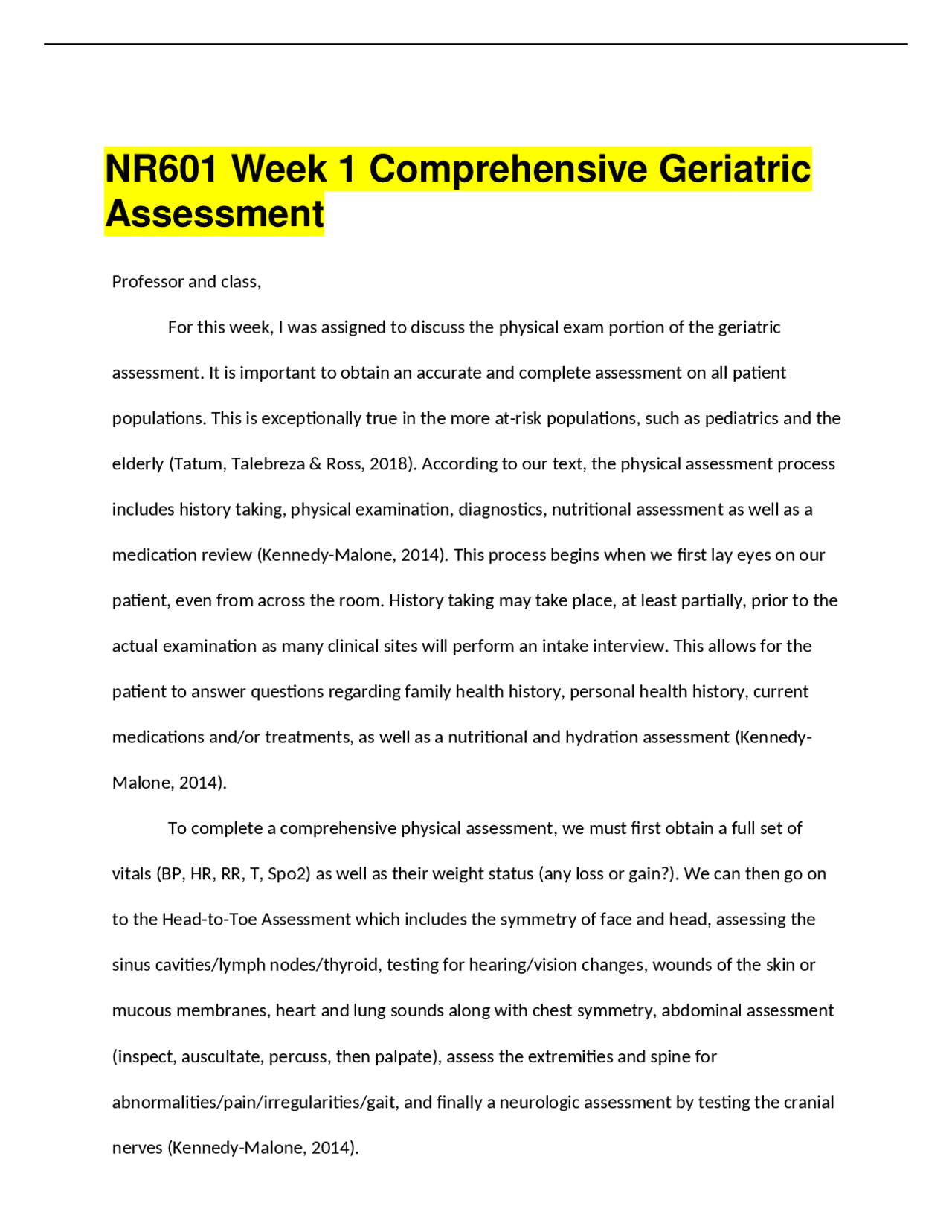 NR601 Week 1 Comprehensive Geriatric Assessment | Papers Nursing | Docsity