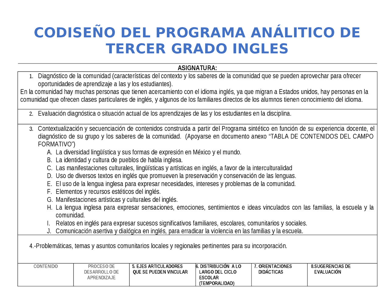 Programa analítico de la nueva escuela mexicana de inglés tercero de