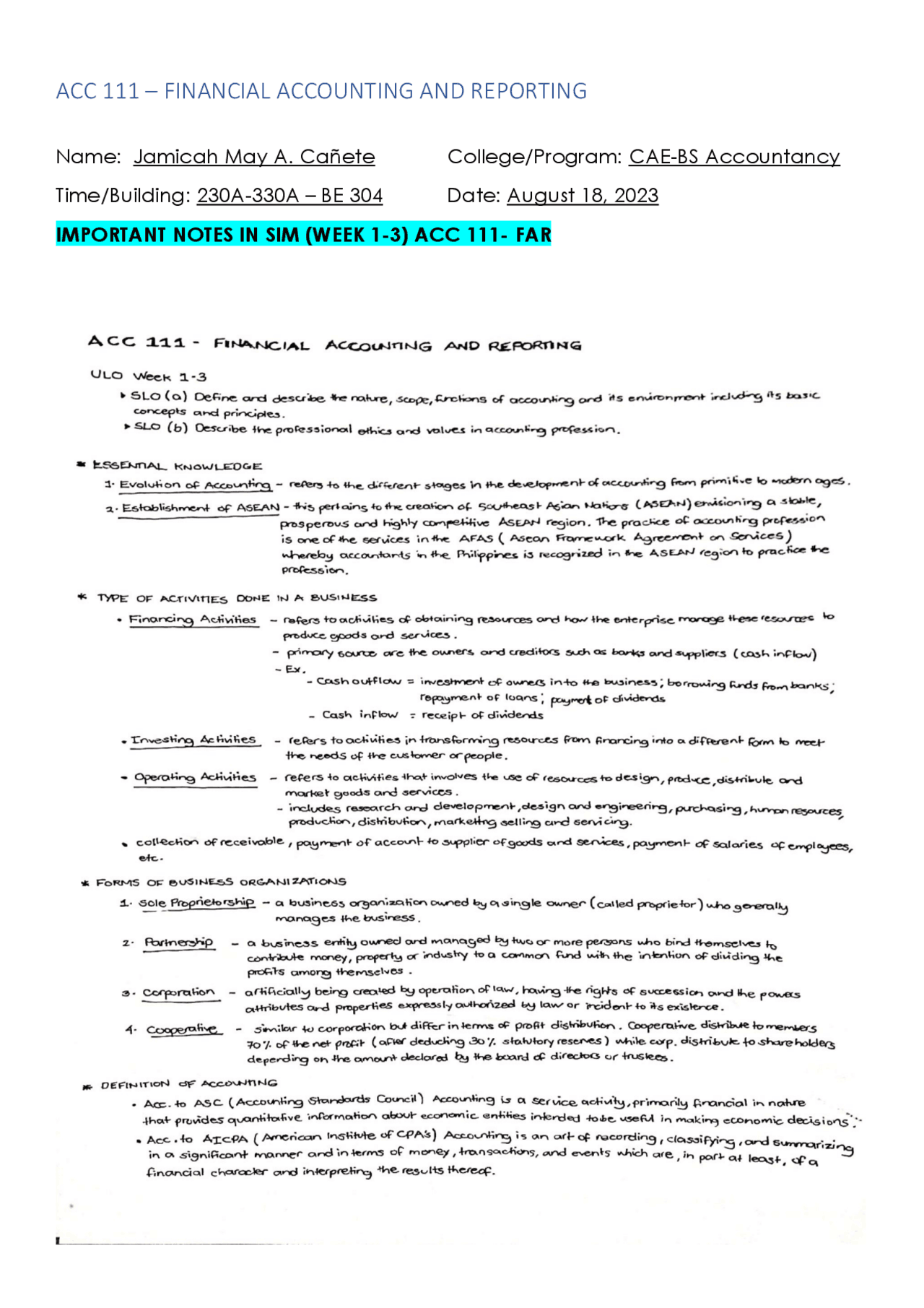Financial Accounting And Reporting Study Notes Accounting Docsity