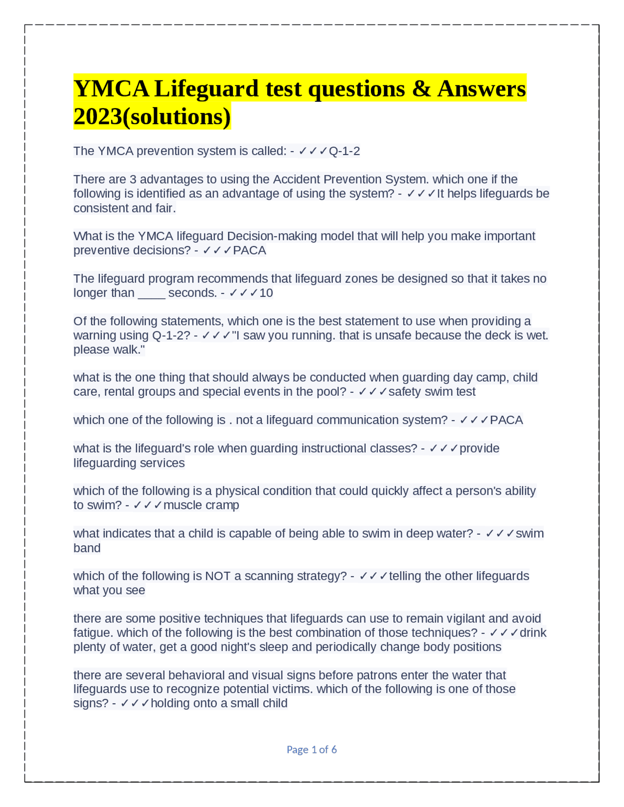 YMCA Lifeguard test questions & Answers 2023(solutions) Exams Health