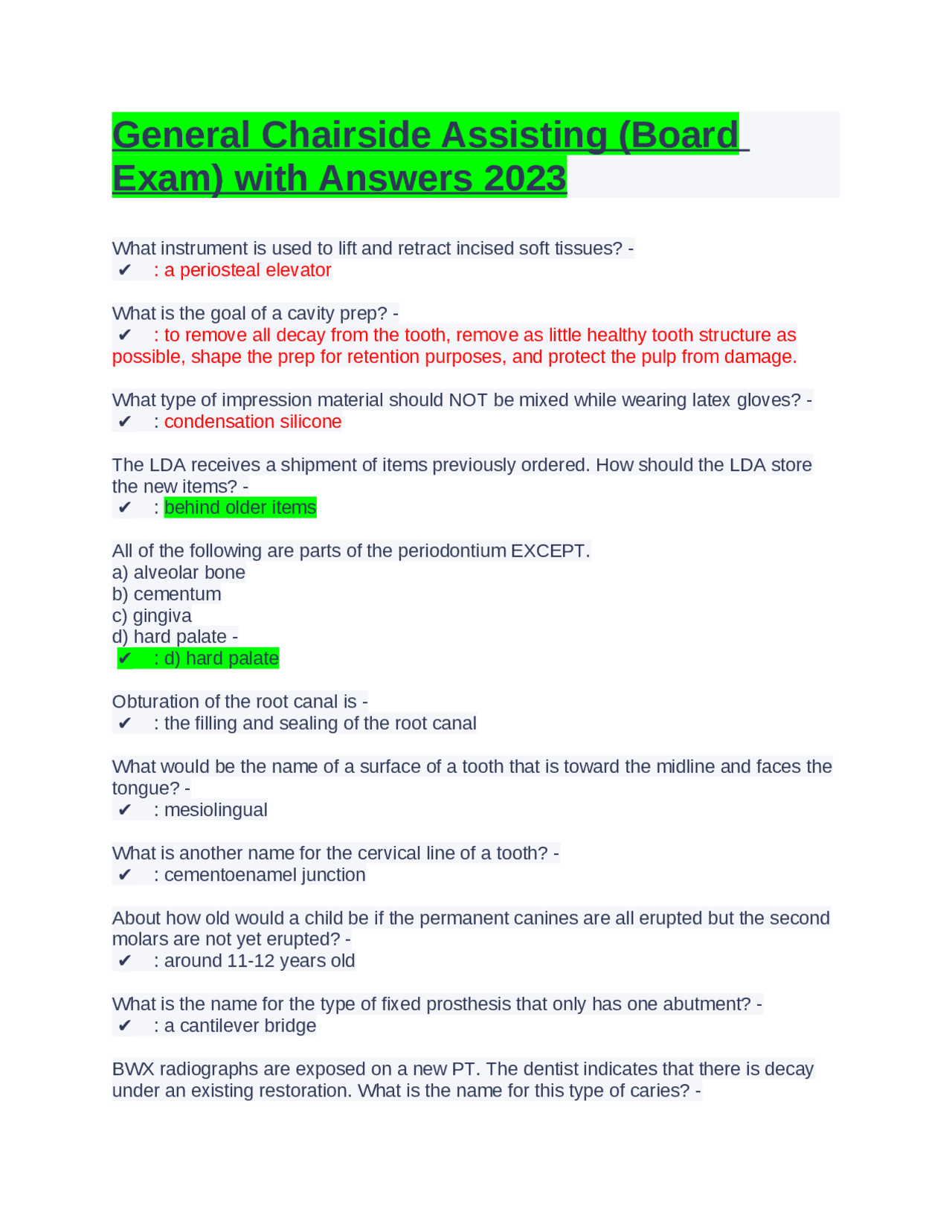 General Chairside Assisting (Board Exam) with Answers 2023 Exams