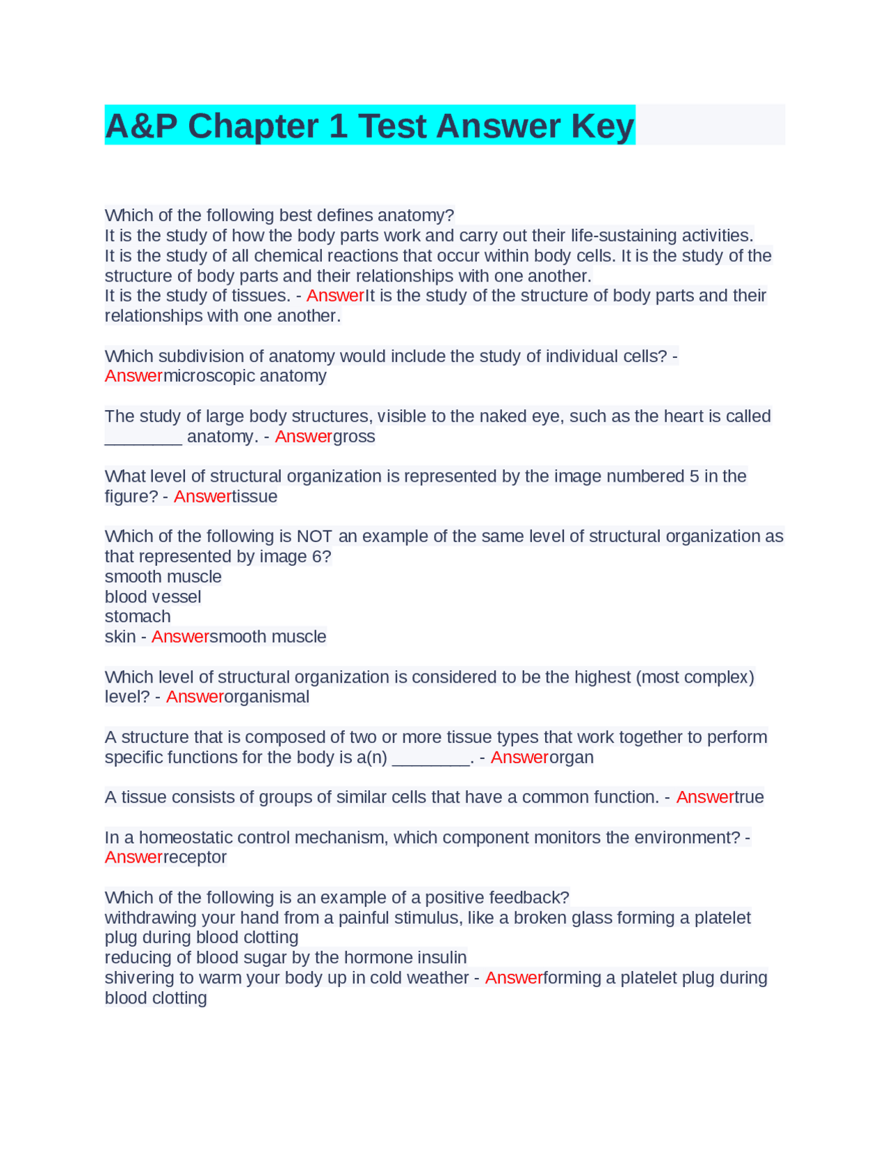 A&amp;P Chapter 1 Test Answer Key | Exams Nursing | Docsity