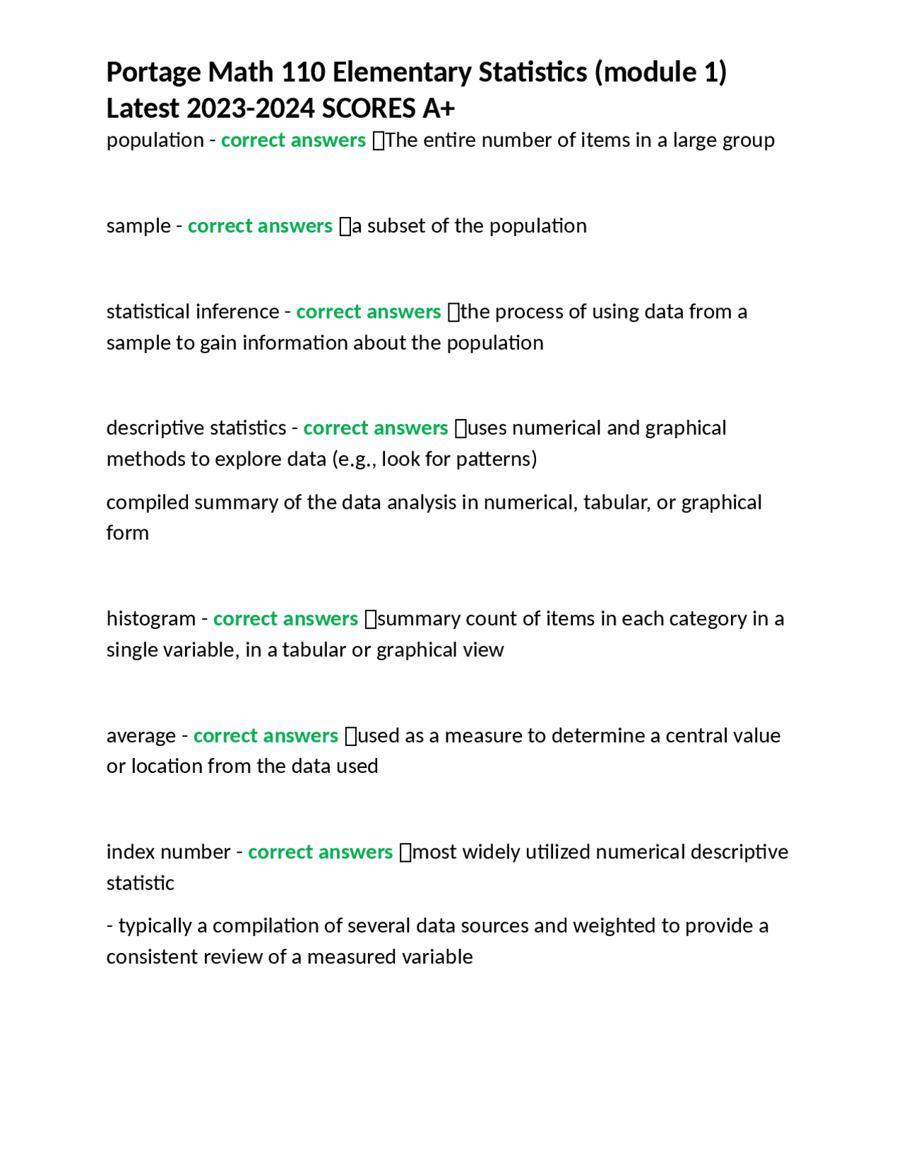 Portage Math 110 Elementary Statistics (module 1) Latest 2023-2024 ...
