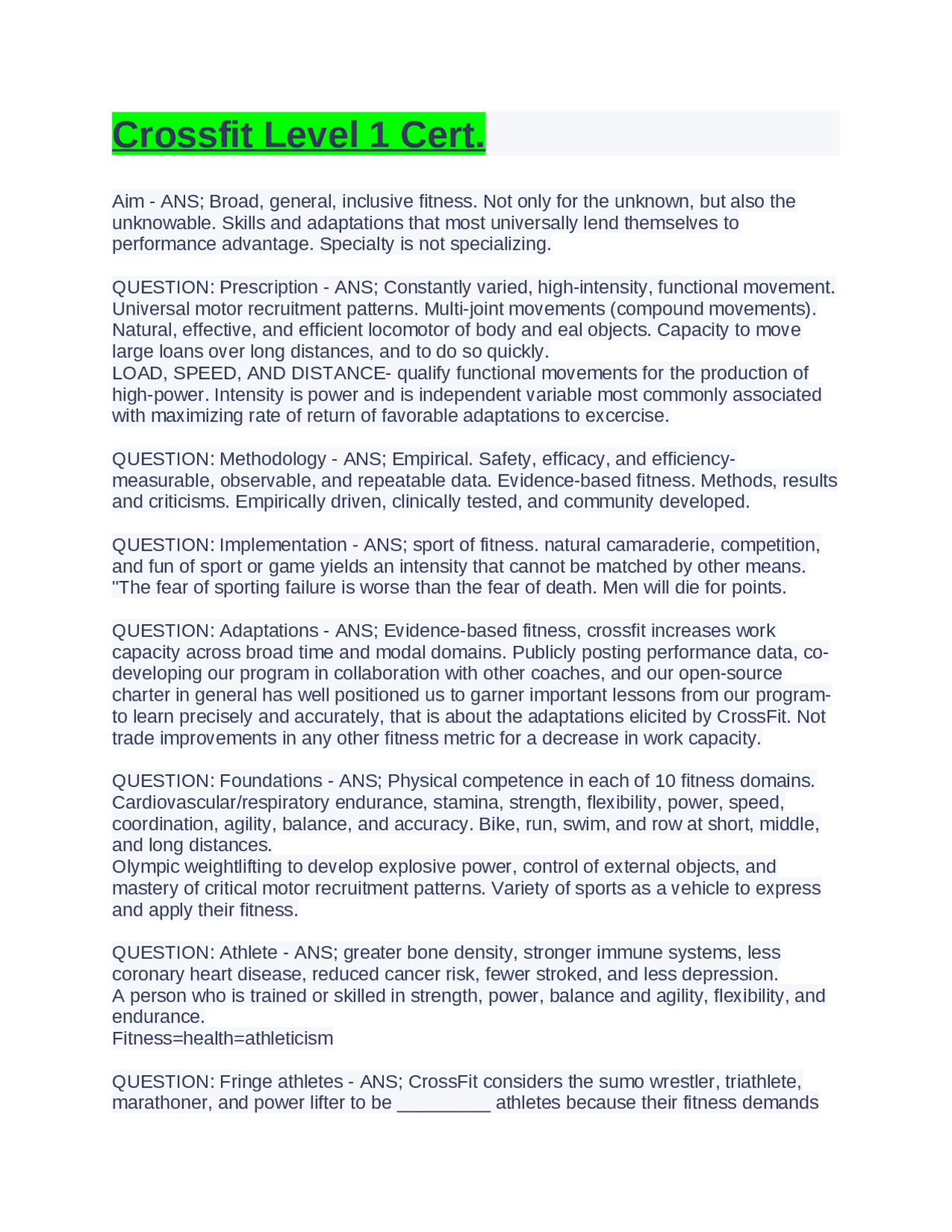 Crossfit Level 1 Cert. Exams Nursing Docsity