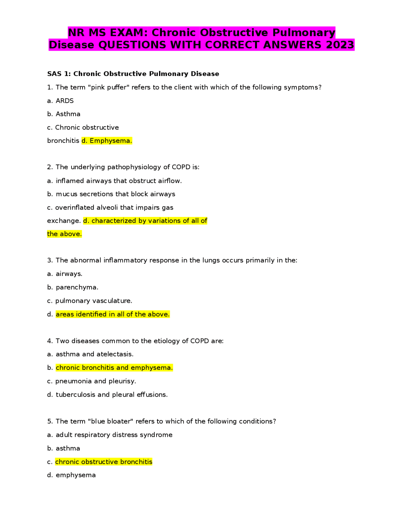 NR MS EXAM: Chronic Obstructive Pulmonary Disease QUESTIONS WITH ...