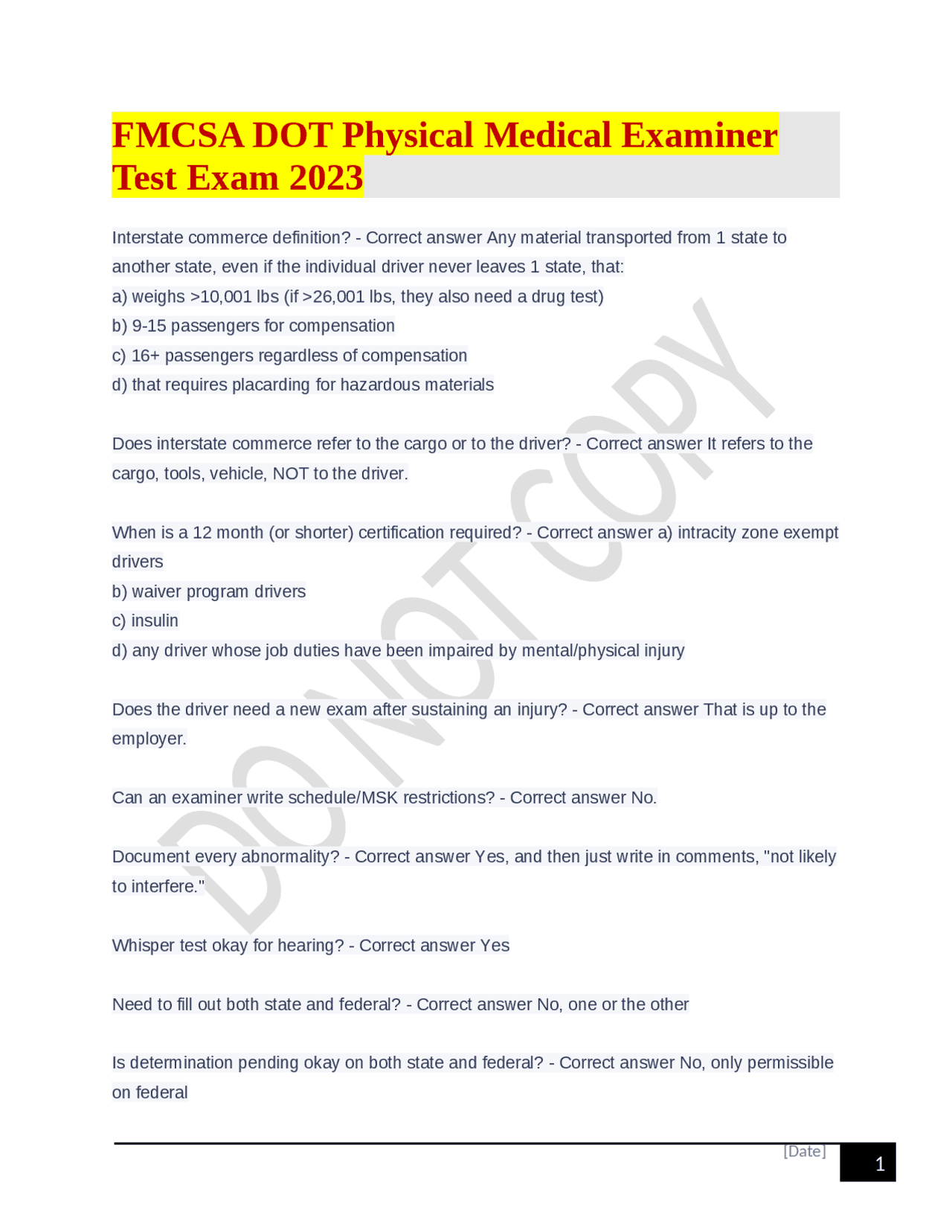 FMCSA DOT Physical Medical Examiner Test Exam 2023 | Exams Physical Activity and Sport Sciences ...