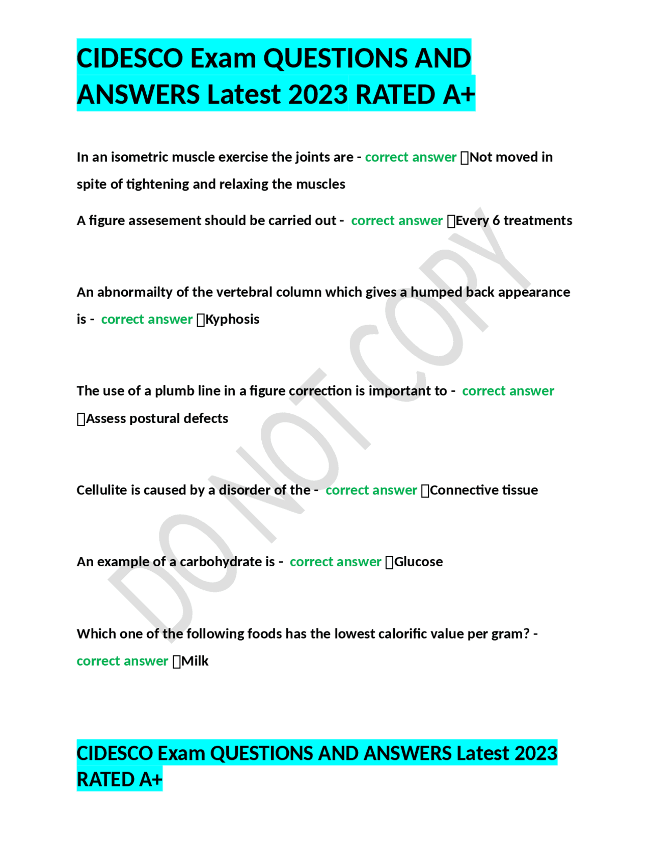 CIDESCO Exam QUESTIONS AND ANSWERS Latest 2023 RATED A+ | Exams Nursing ...