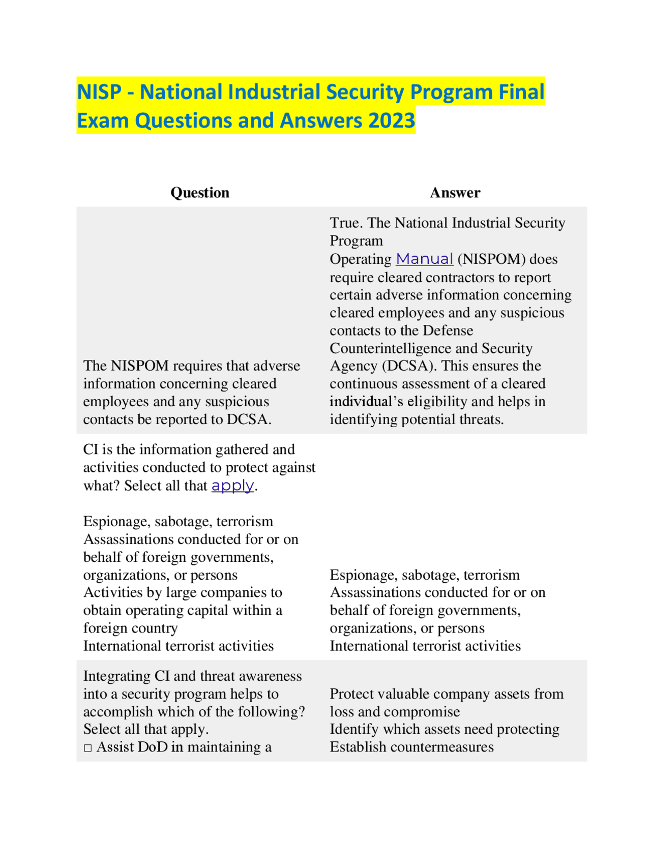 NISP - National Industrial Security Program Final Exam Questions and ...