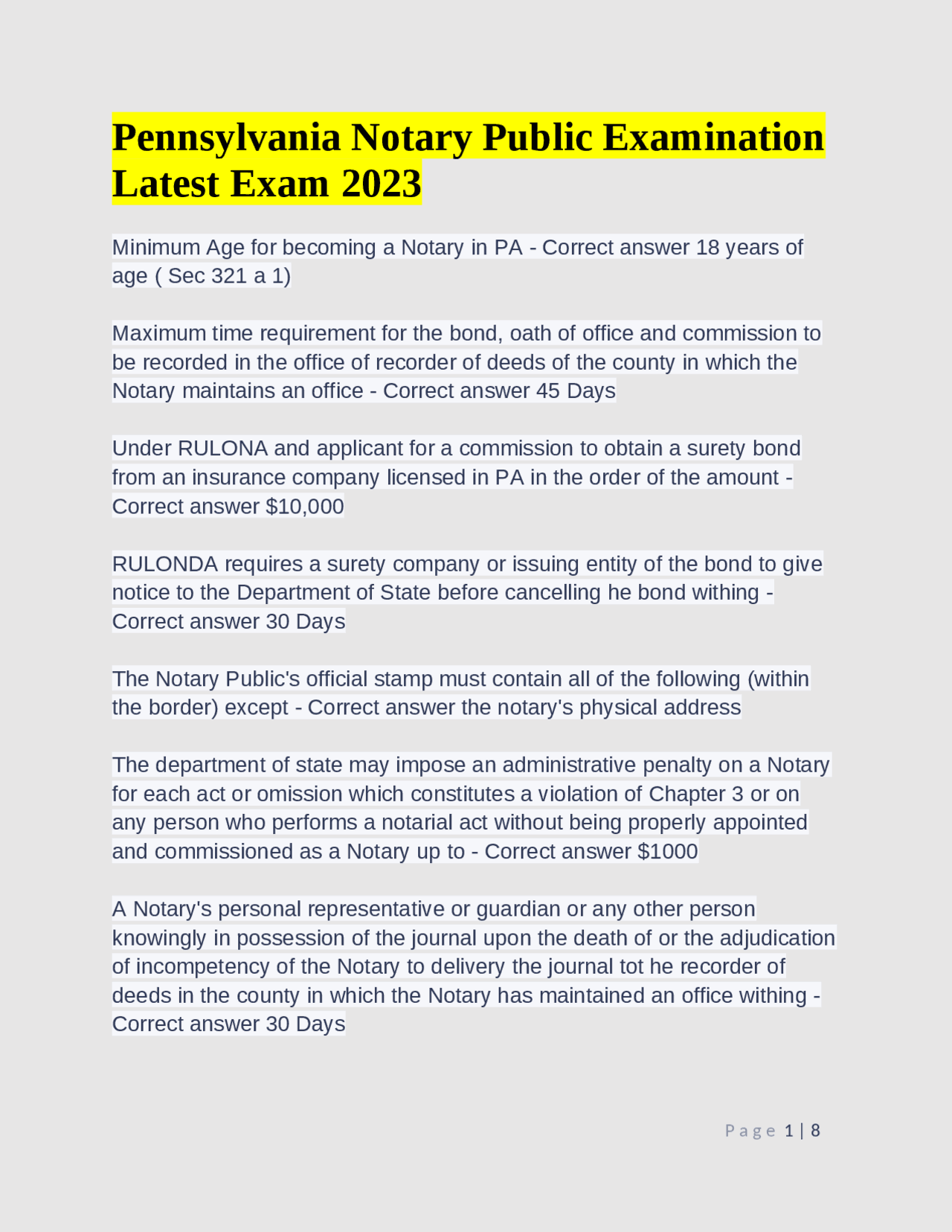 Pennsylvania Notary Public Examination Latest Exam 2023 | Exams Law | Docsity