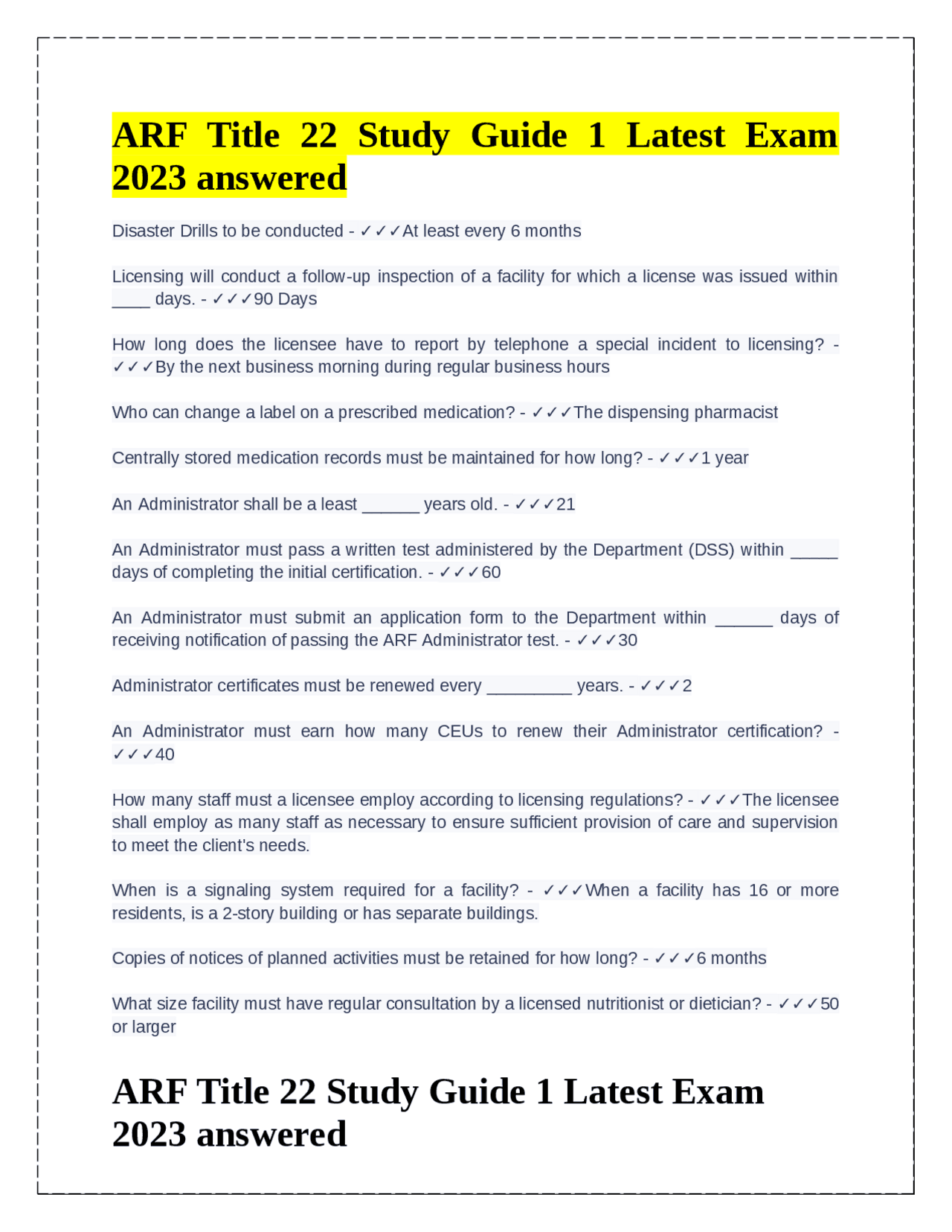 Arf Printable ARF Title 22 Study Guide 1 Latest Exam 2023 answered | Exams Study of ...