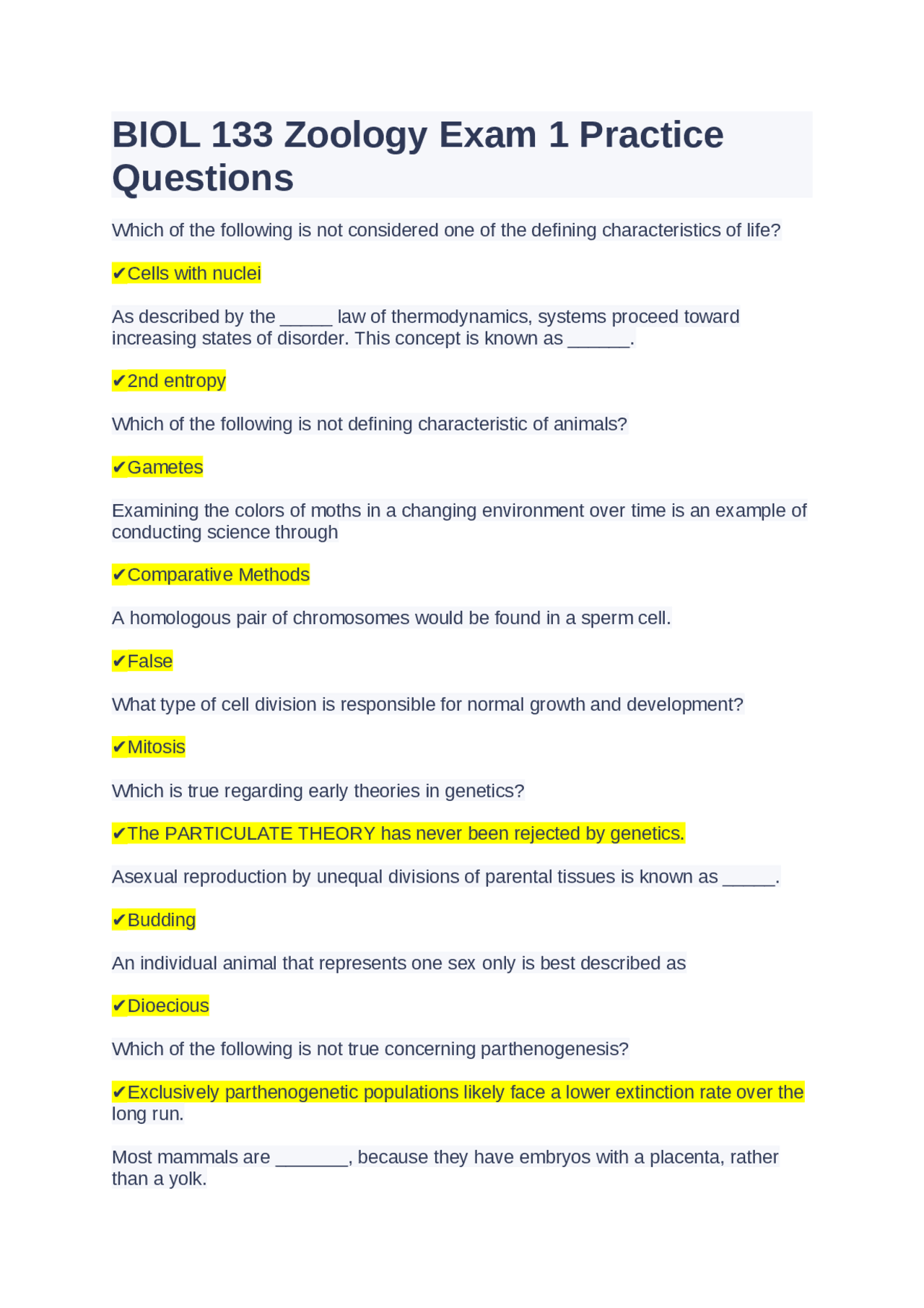 BIOL 133 Zoology Exam 1 Practice Questions | Exams Genetics | Docsity