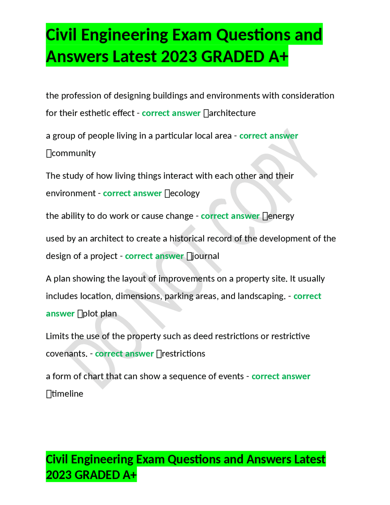 Civil Engineering Exam Questions and Answers Latest 2023 GRADED A+ Exams Nursing Docsity