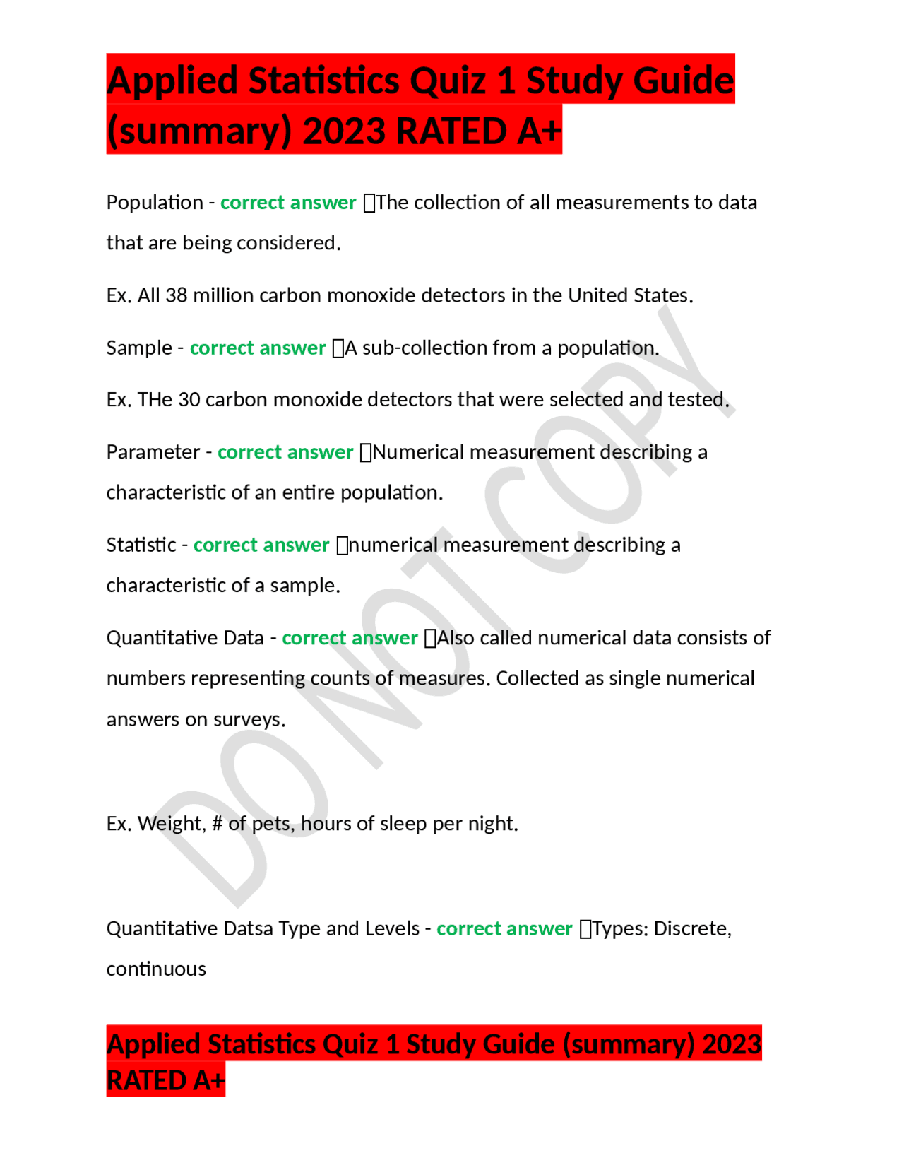 Applied Statistics Quiz 1 Study Guide (summary) 2023 RATED A+ | Exams ...