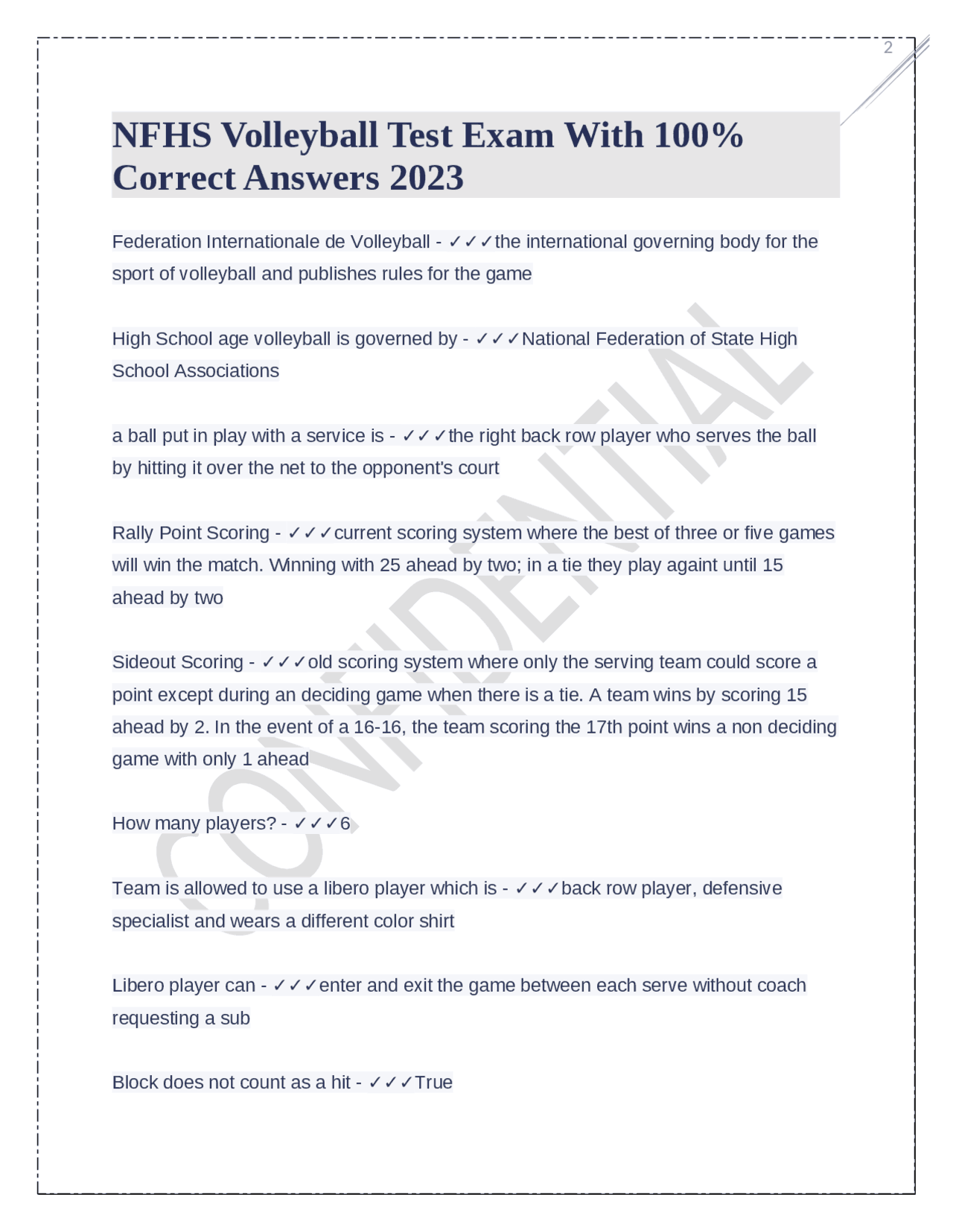 NFHS Volleyball Test Exam With 100 Correct Answers 2023 Exams