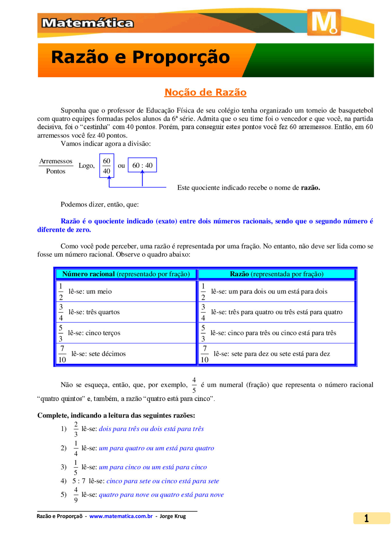 Exercícios sobre razão e proporção | Ejercicios Matemáticas | Docsity