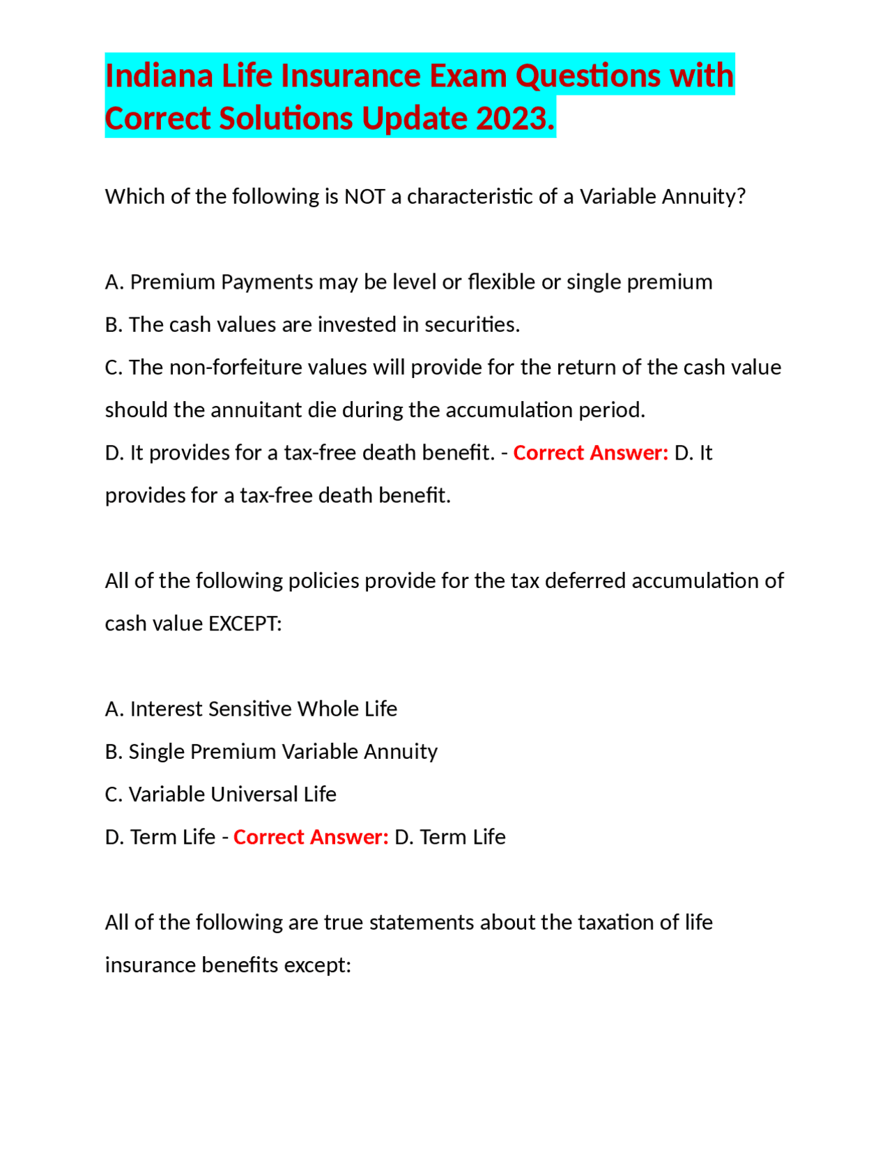 Indiana Life Insurance Exam Questions with Correct Solutions Update