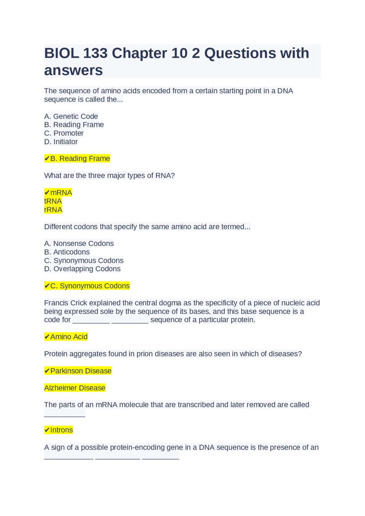 BIOL 133 Chapter 10 2 Questions with answers | Exams Genetics | Docsity