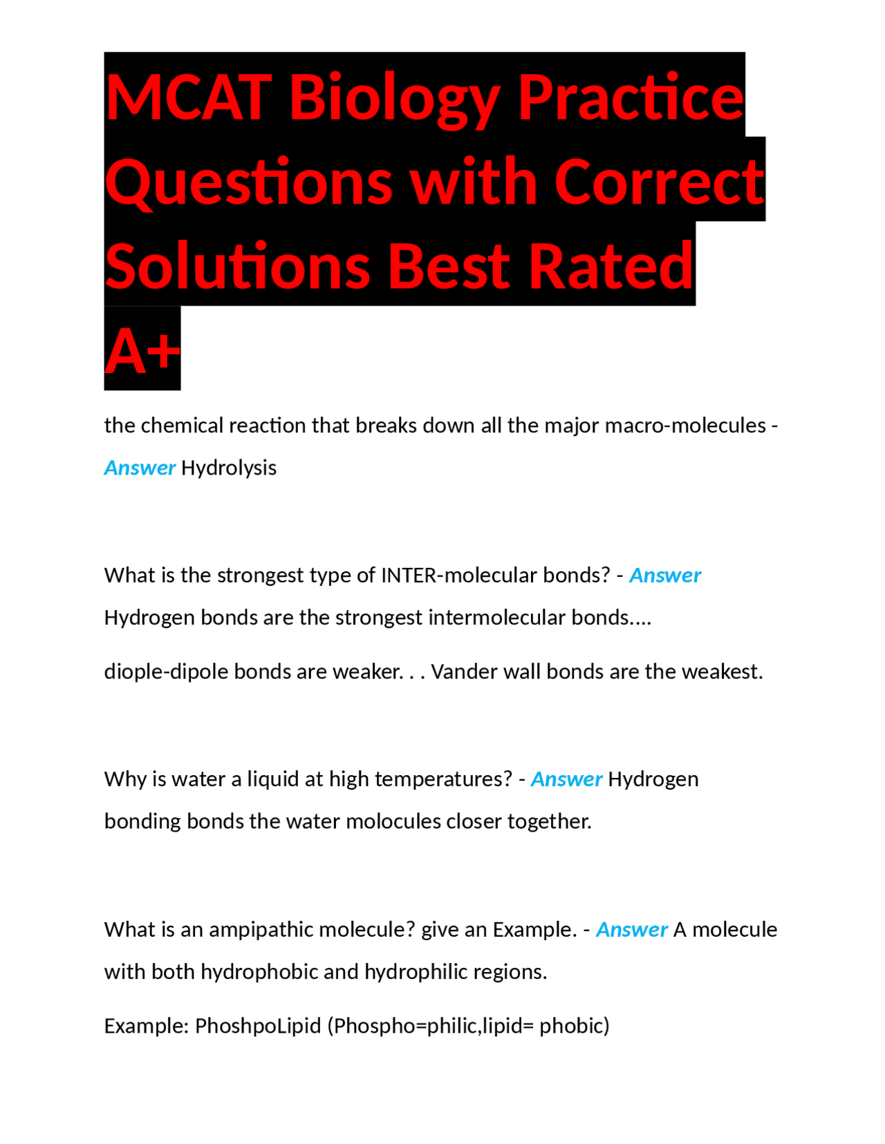 Mcat Example Problems MCAT Biology Practice Questions with Correct Solutions Best Rated A+ ...