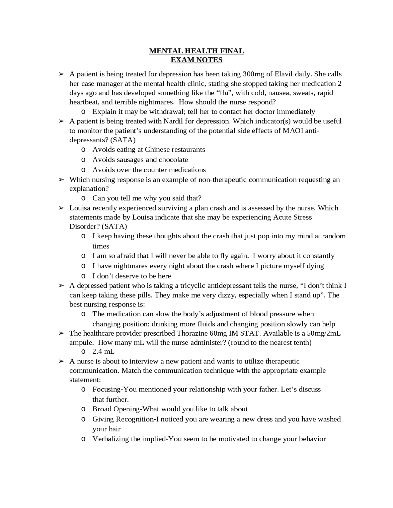 MENTAL HEALTH FINAL EXAM NOTES 2022/2023 | Exams Nursing | Docsity