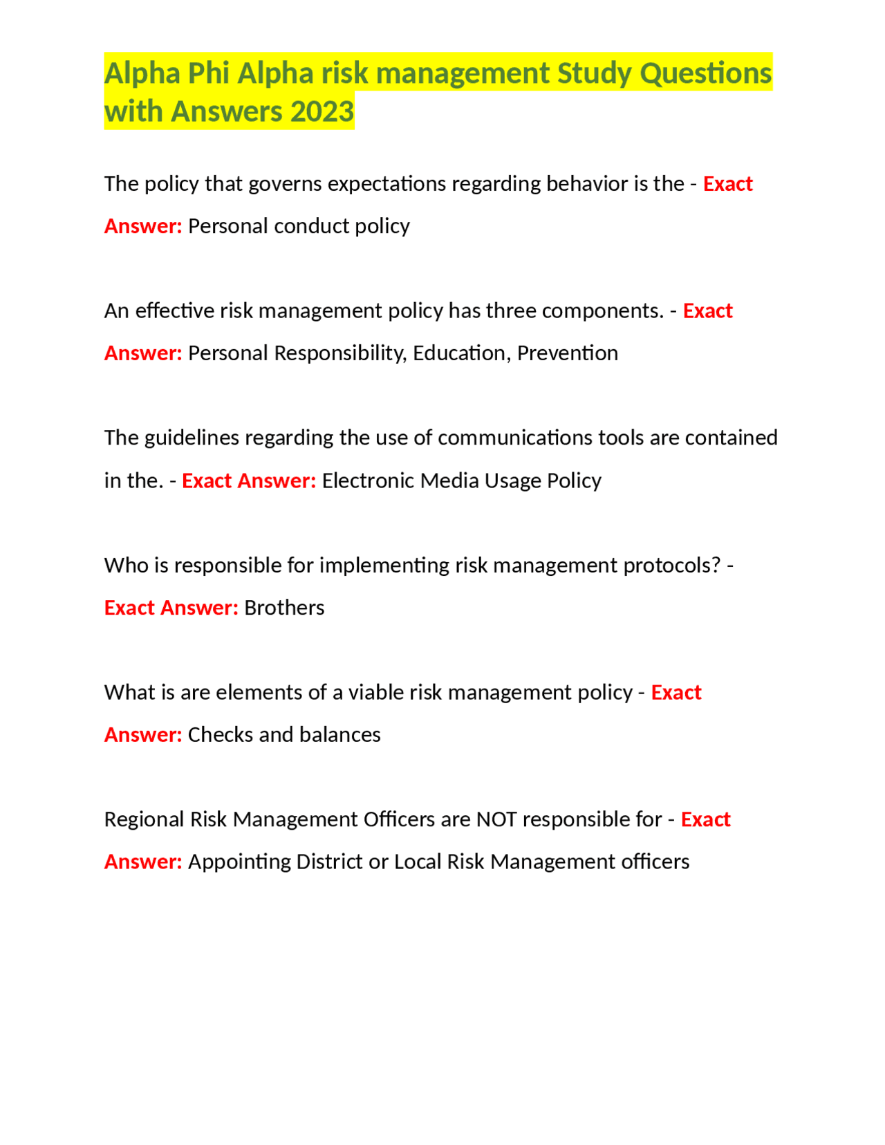 Alpha Risk Management Llc Alpha Phi Alpha risk management Study Questions with Answers 2023 ...
