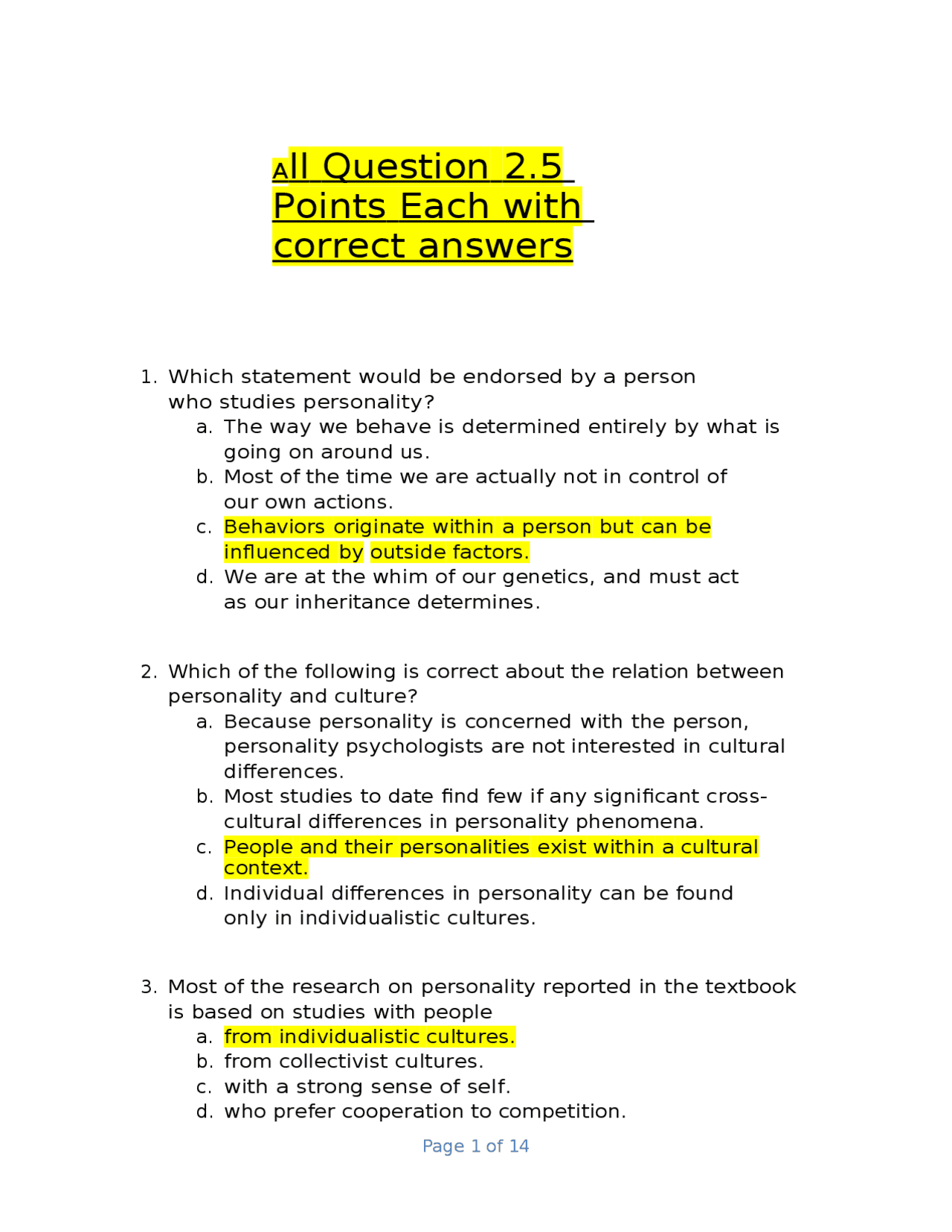 5 Point Question Examples All Question 2.5 Points Each with correct answers | Exams Psychology ...