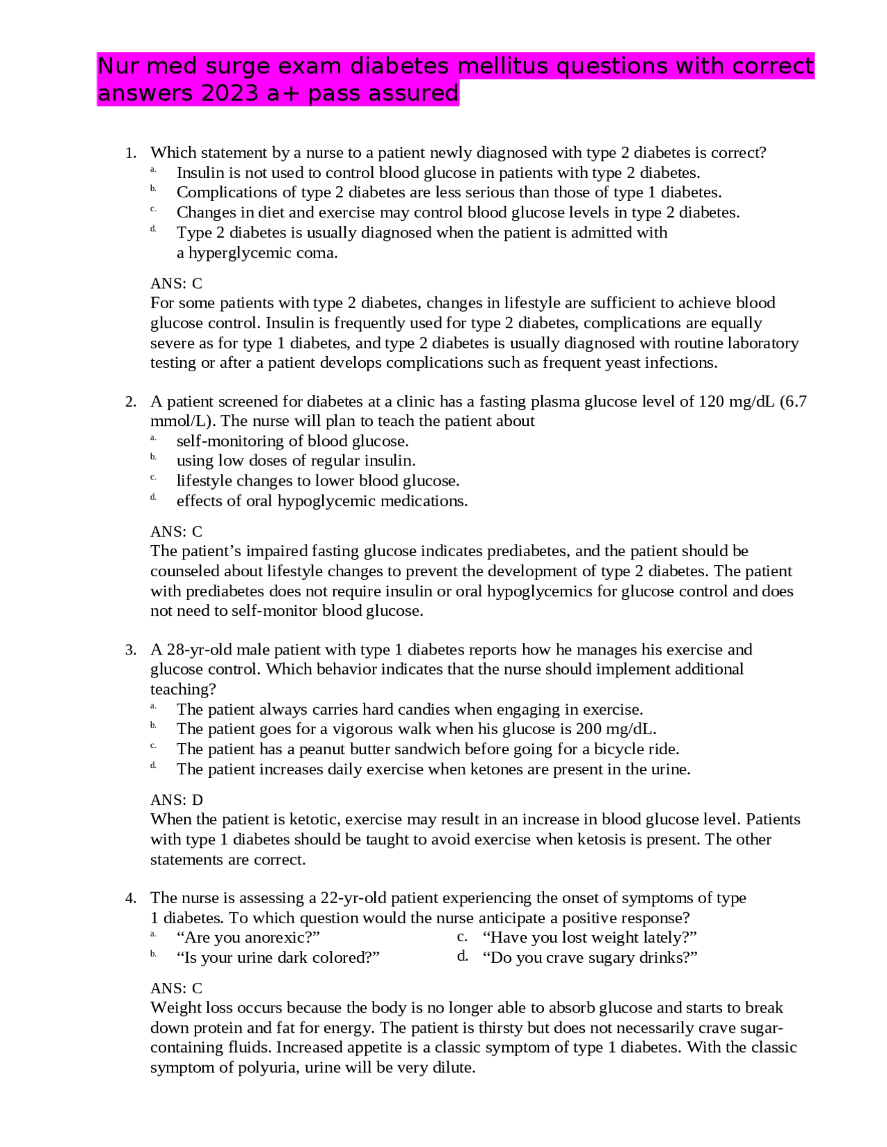 Nur med surge exam diabetes mellitus questions with correct answers ...