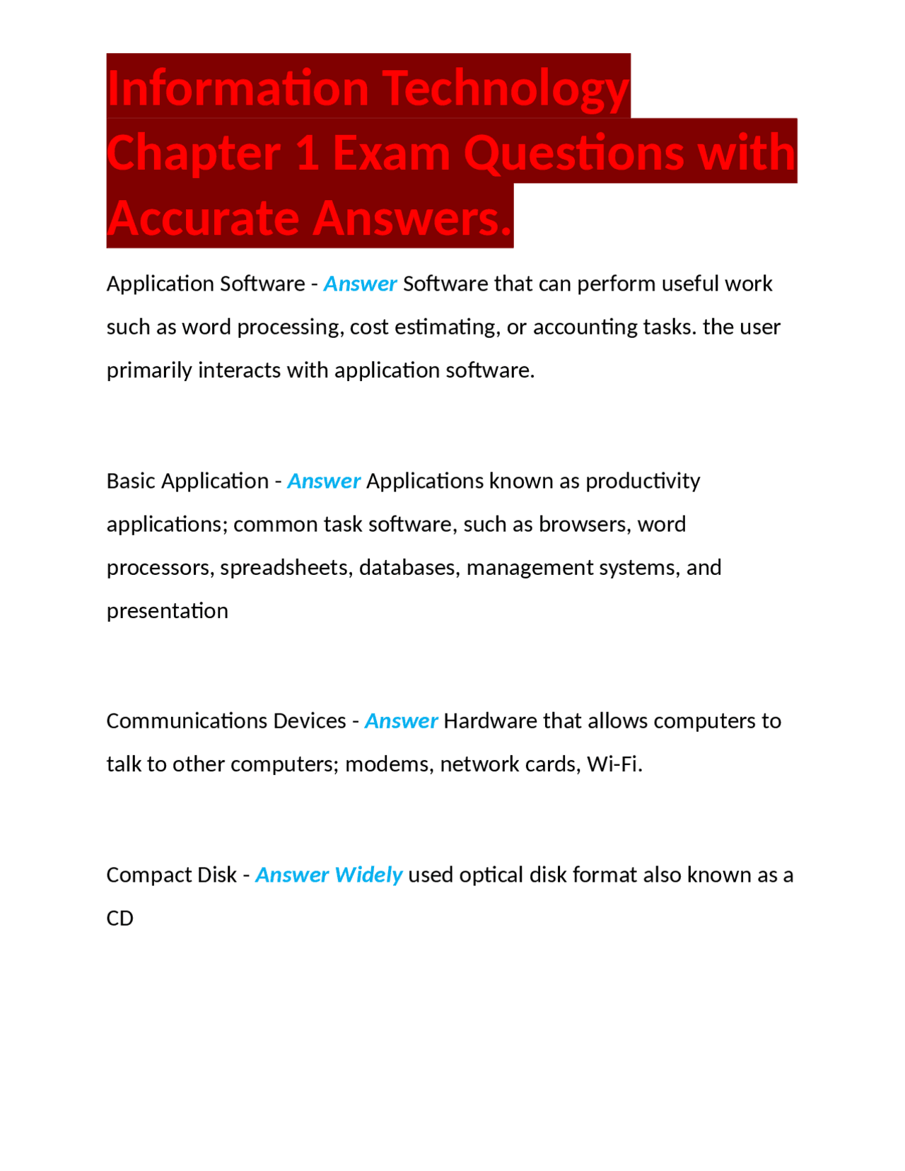 Information Technology Chapter 1 Exam Questions with Accurate Answers ...