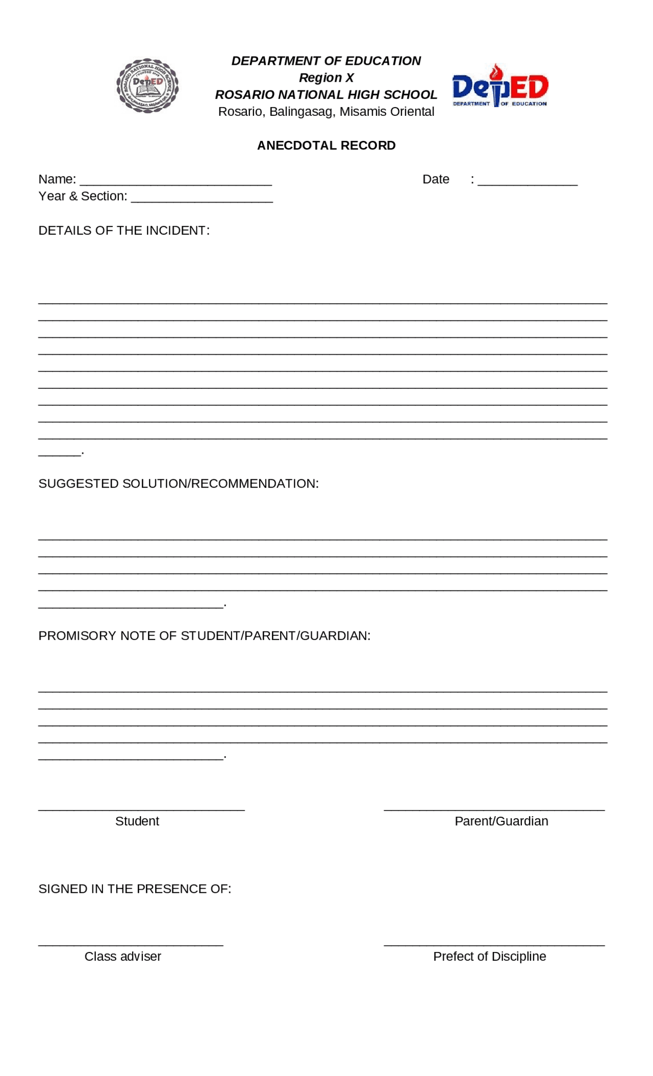 this form is an anecdotal record form in accomplishing guidance