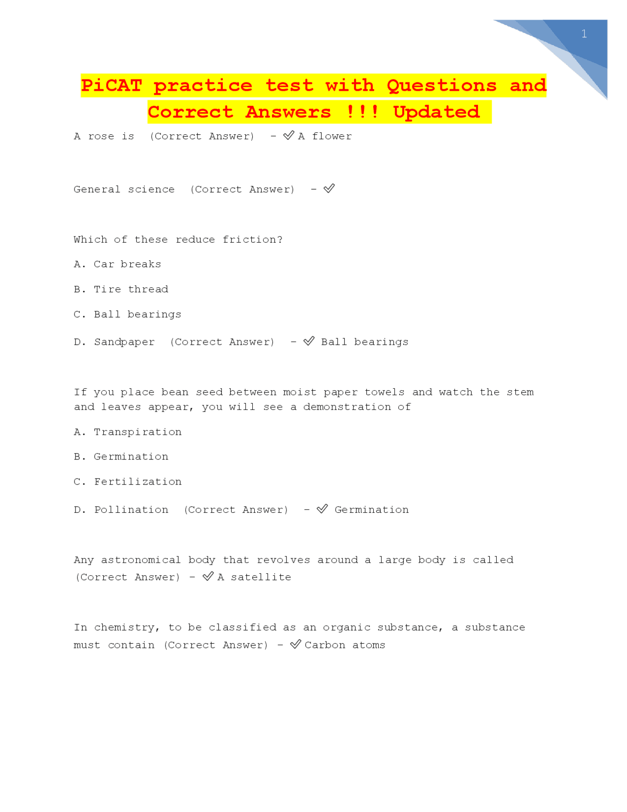 Picat Study Guide PiCAT practice test with Questions and Correct Answers !!! Updated 2023 ...