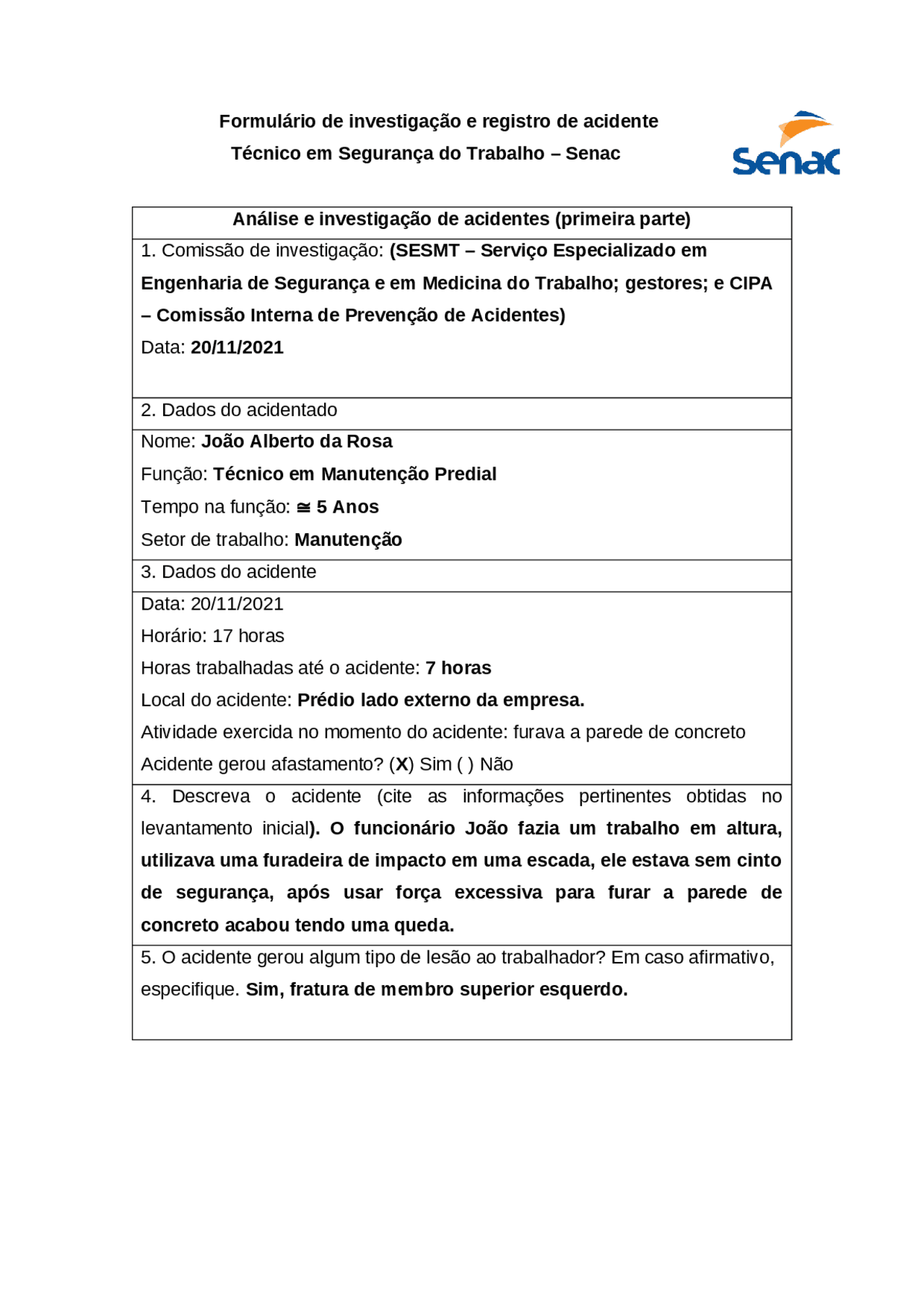 ATIVIDADE 1 UC5 TECNICO EM SEGURANÇA DO TRABALHO SENAC RS | Exercícios ...
