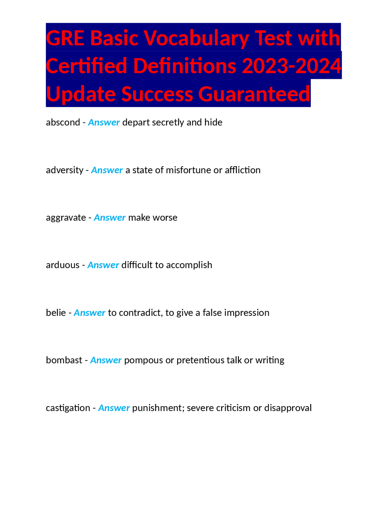 GRE Basic Vocabulary Test with Certified Definitions 2023-2024 Update ...
