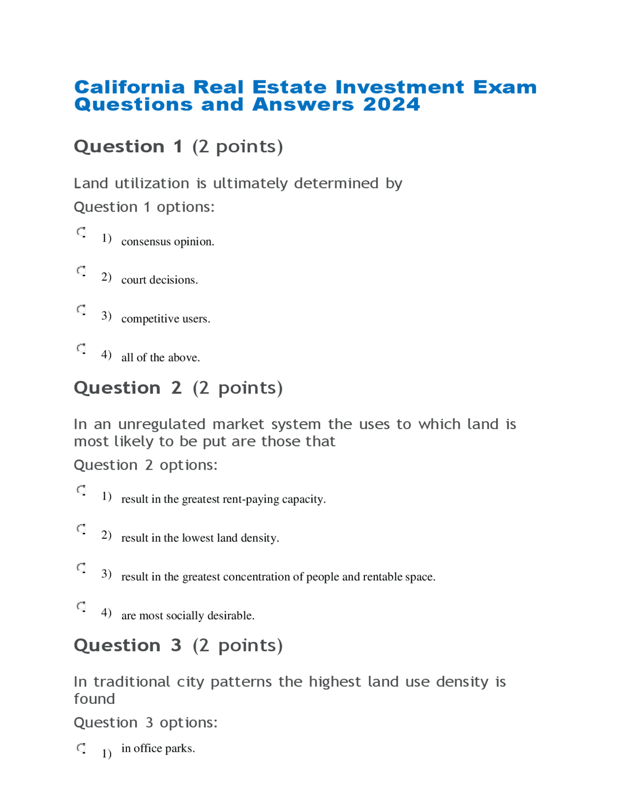 California Real Estate Investment Exam Questions and Answers 2024